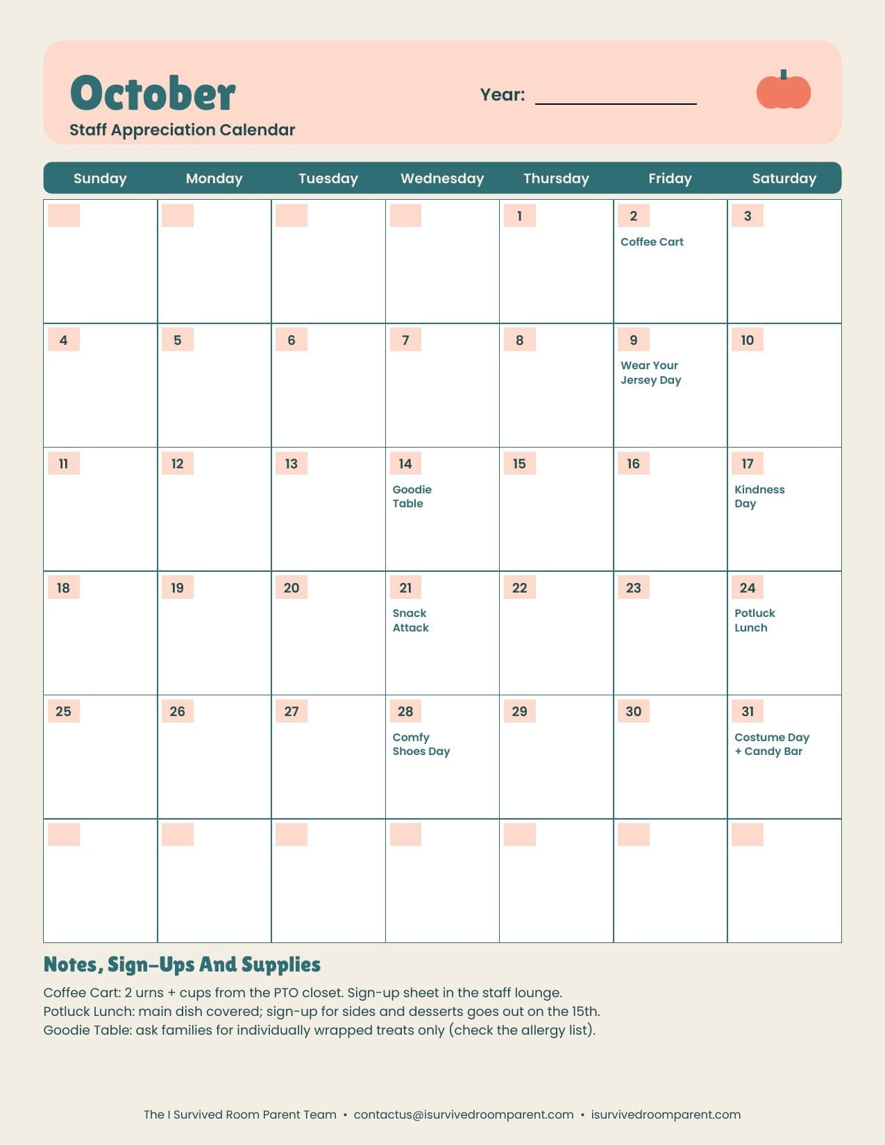 Example October staff appreciation calendar filled in with a coffee cart, a potluck lunch and spirit days