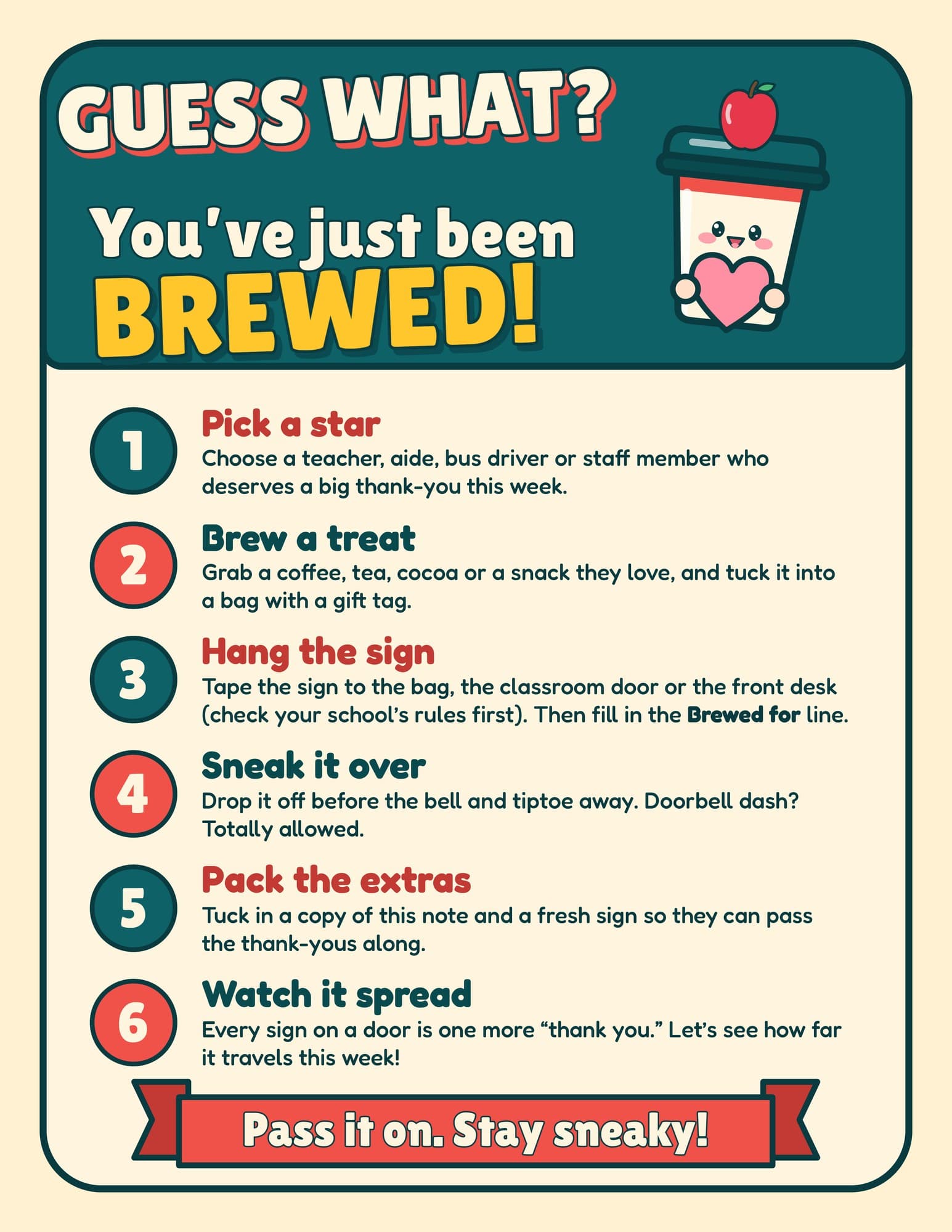 Guess what you've just been brewed how-to-play note with six steps from pick a star to watch it spread, ending with the banner Pass it on. Stay sneaky