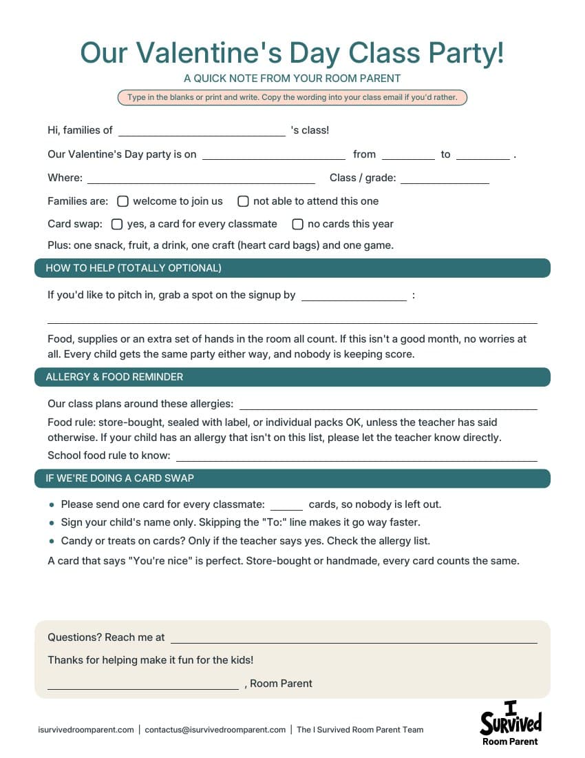 Fill-in-the-blank Valentine's Day class party parent note with party details, a card swap choice, an optional signup ask and allergy reminders