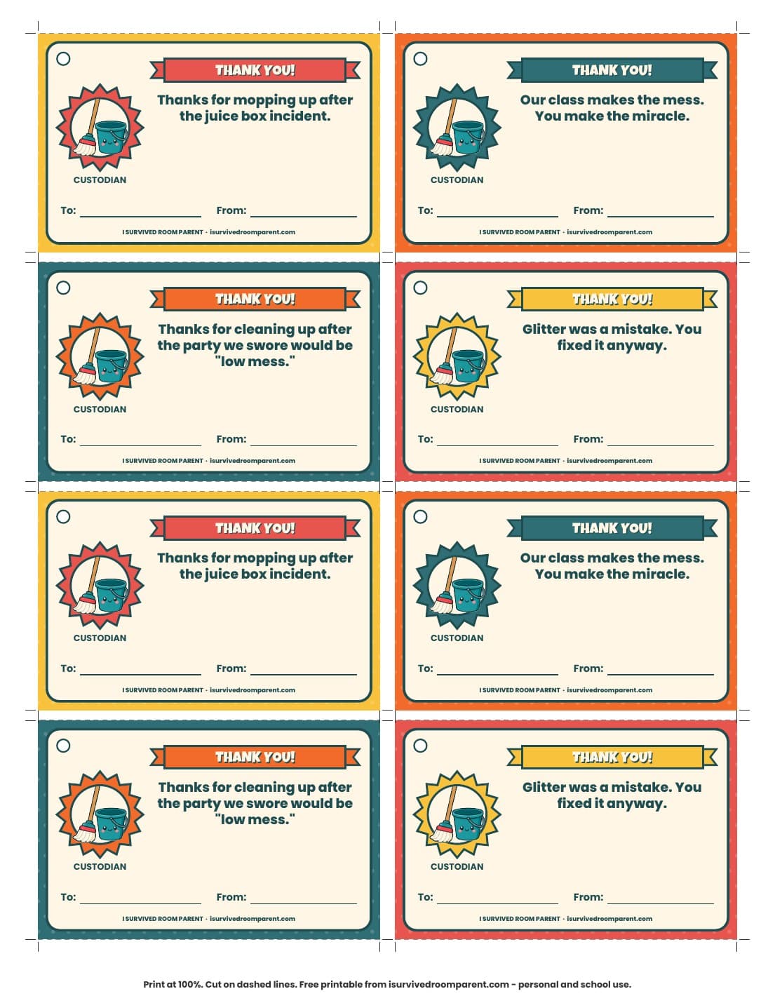 Printable custodian thank you tags with a cute mop and bucket mascot and funny class party mess lines