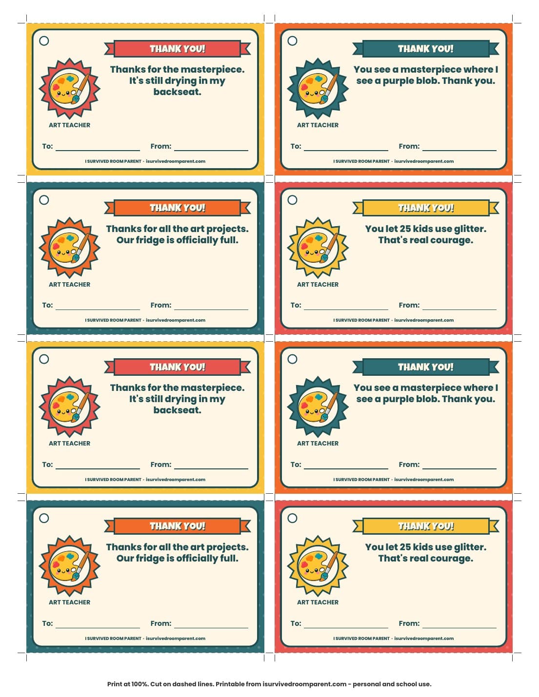 Art teacher thank you gift tags printable with funny glitter and fridge jokes
