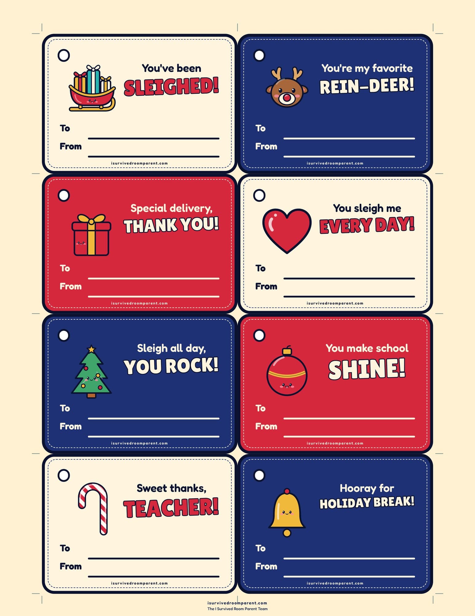 Christmas sleigh gift tags with To and From lines reading You've been sleighed, You're my favorite rein-deer, Special delivery thank you and Hooray for holiday break