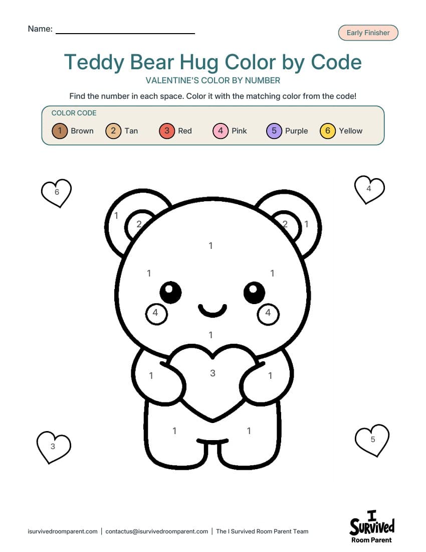 Teddy bear hug color by code Valentine's printable with a six-color key: brown, tan, red, pink, purple and yellow