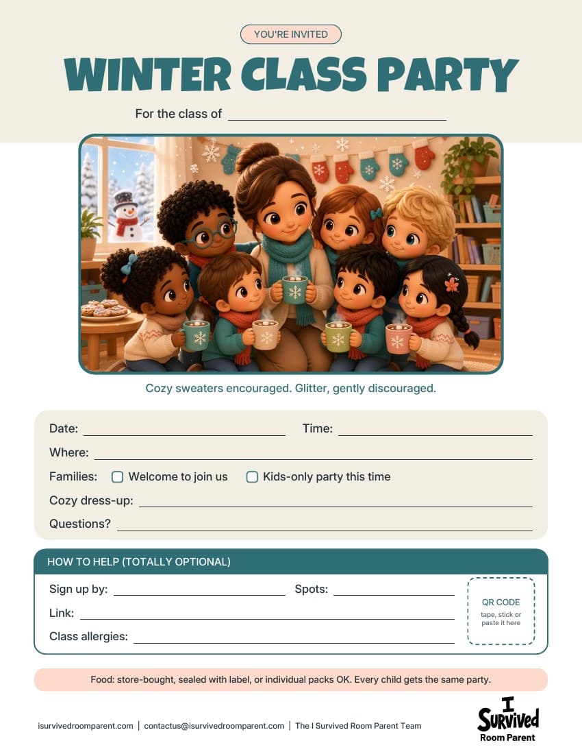 Free winter class party invitation printable with chibi kids in scarves holding hot cocoa mugs in a snowy classroom