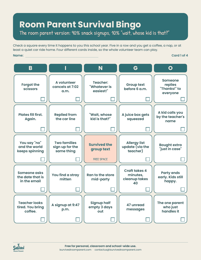 Room Parent Survival Bingo card with teal BINGO header, 25 rounded squares of room parent moments and a peach free space