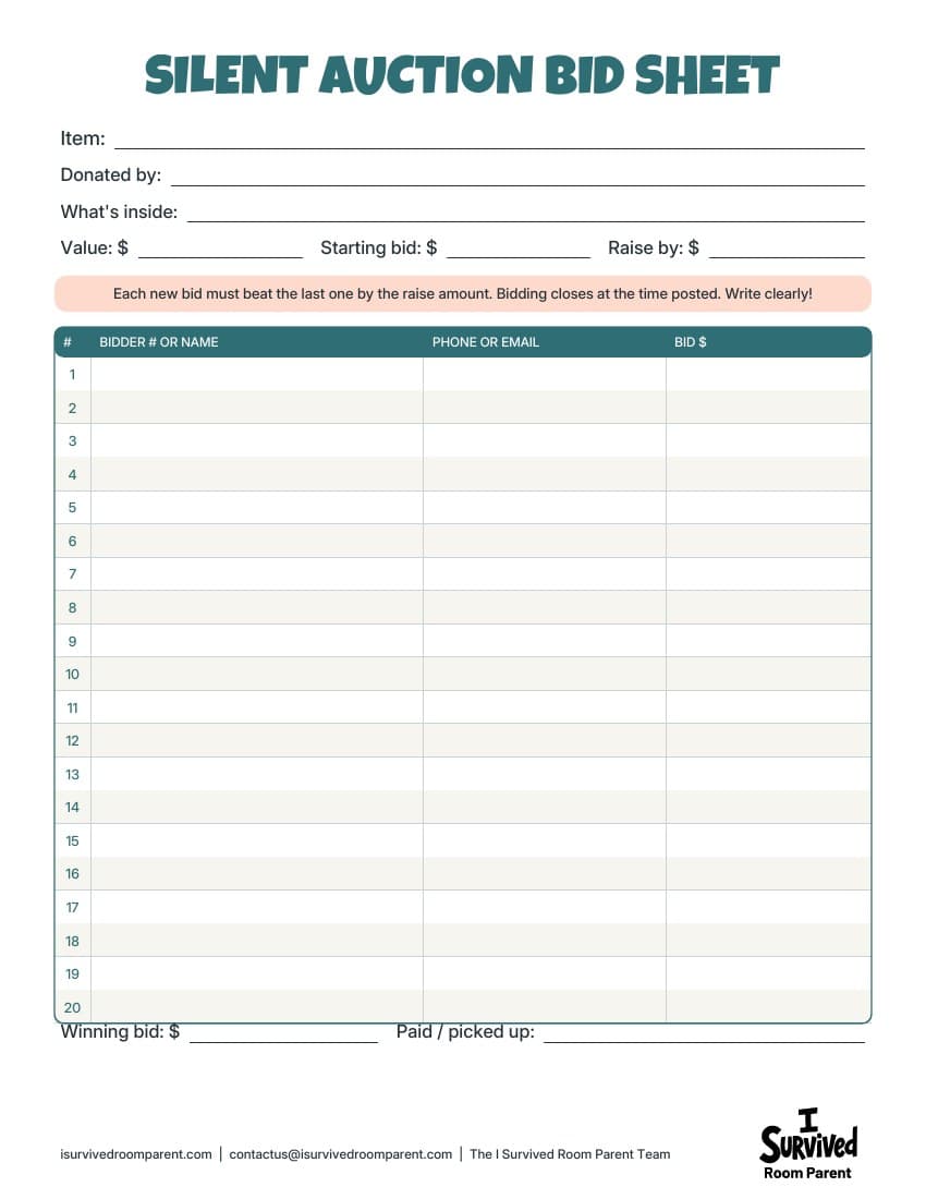 Silent auction bid sheet printable with 20 bid rows for bidder names, numbers and amounts