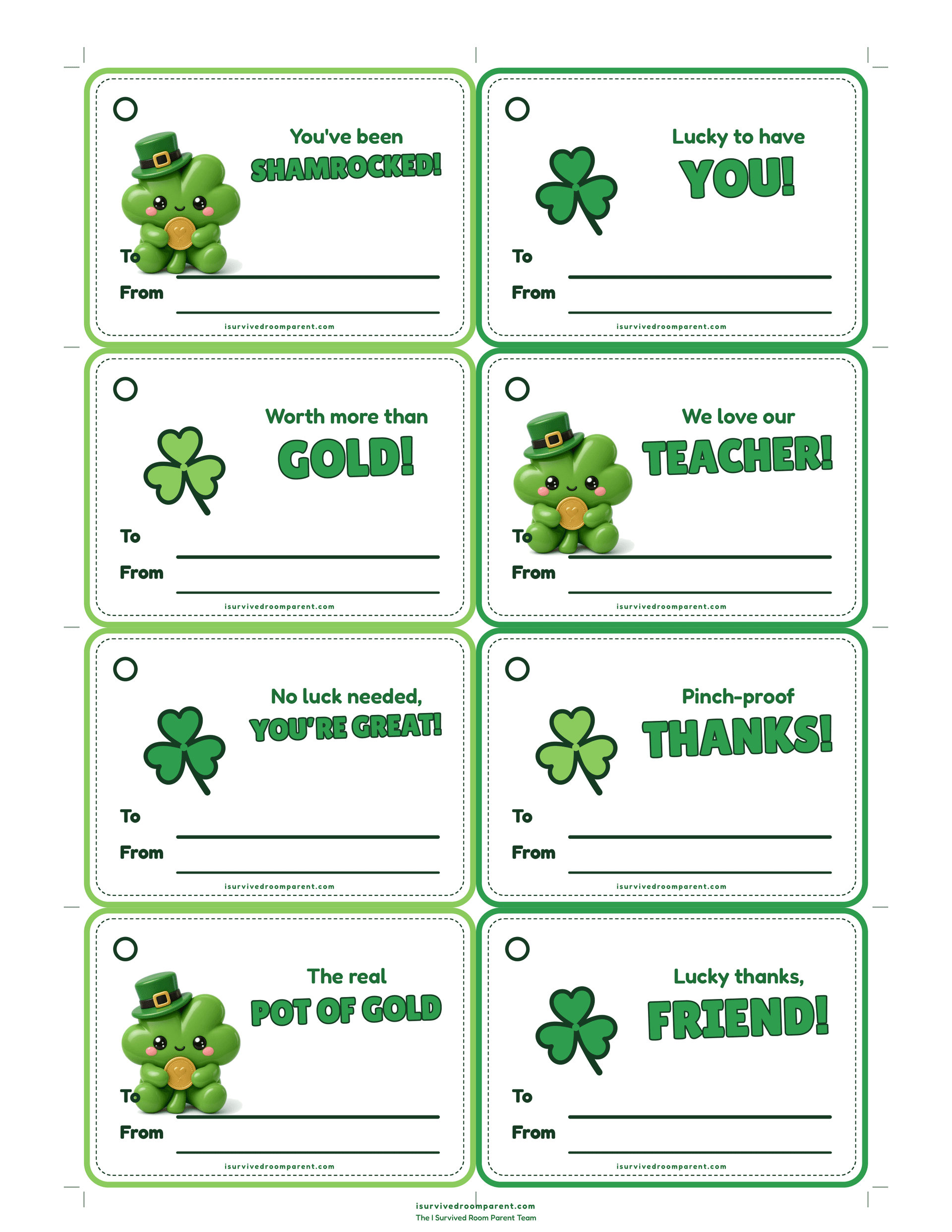 Eight fillable St. Patrick's Day To/From gift tags with lucky one-line thank-you messages