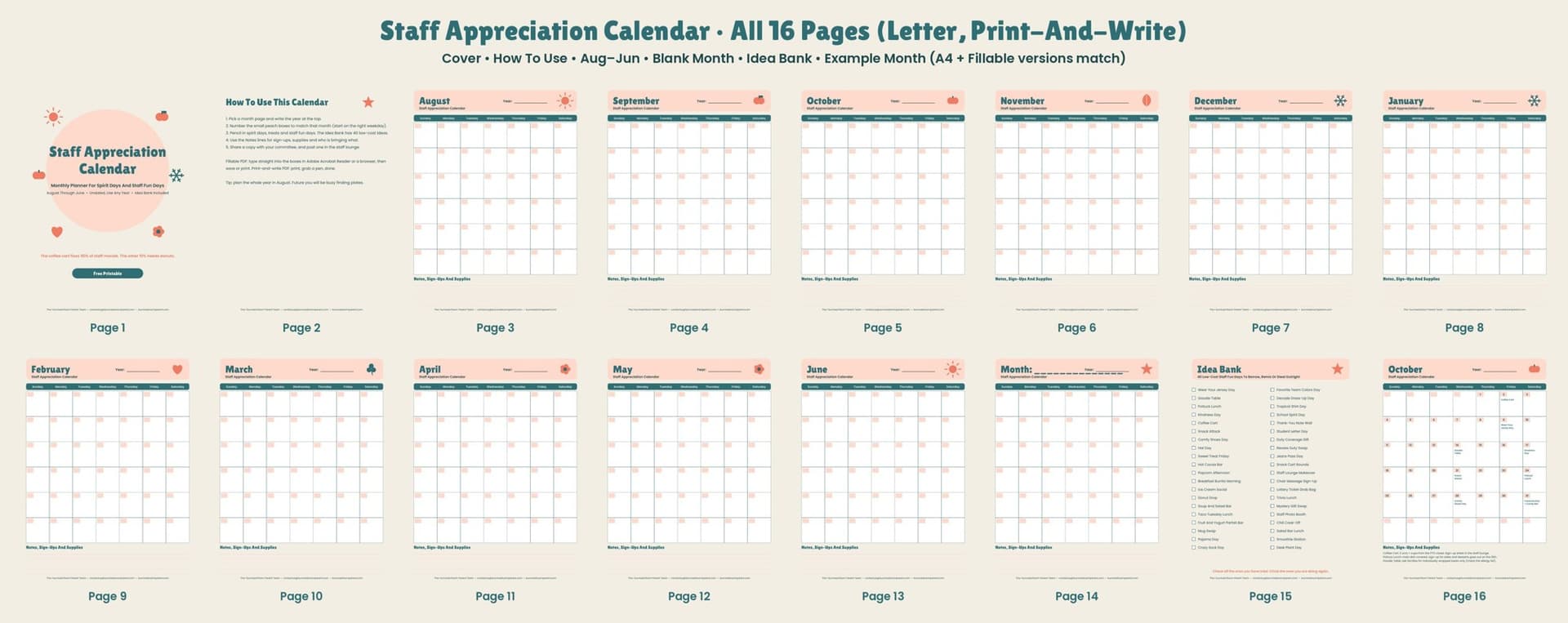 All 16 pages of the free staff appreciation calendar printable