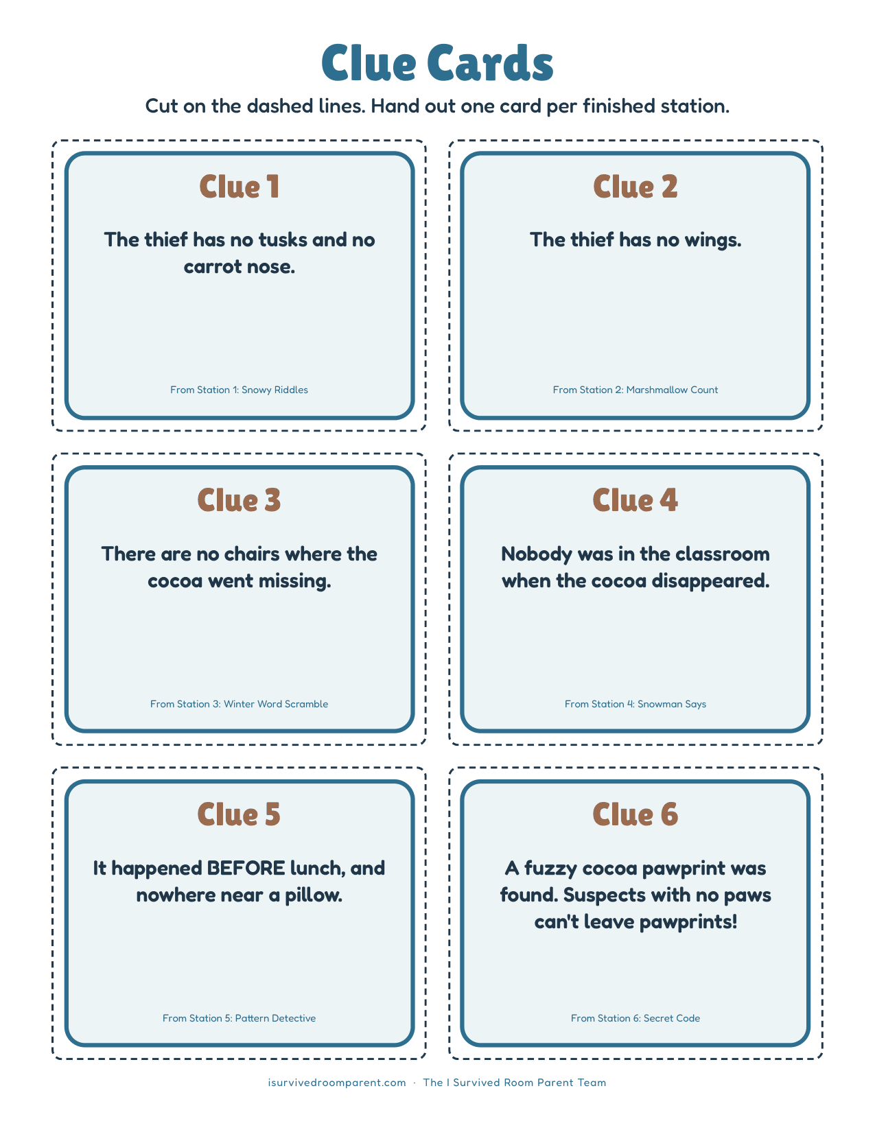 Six cut-apart clue cards for the winter class party cocoa mystery game