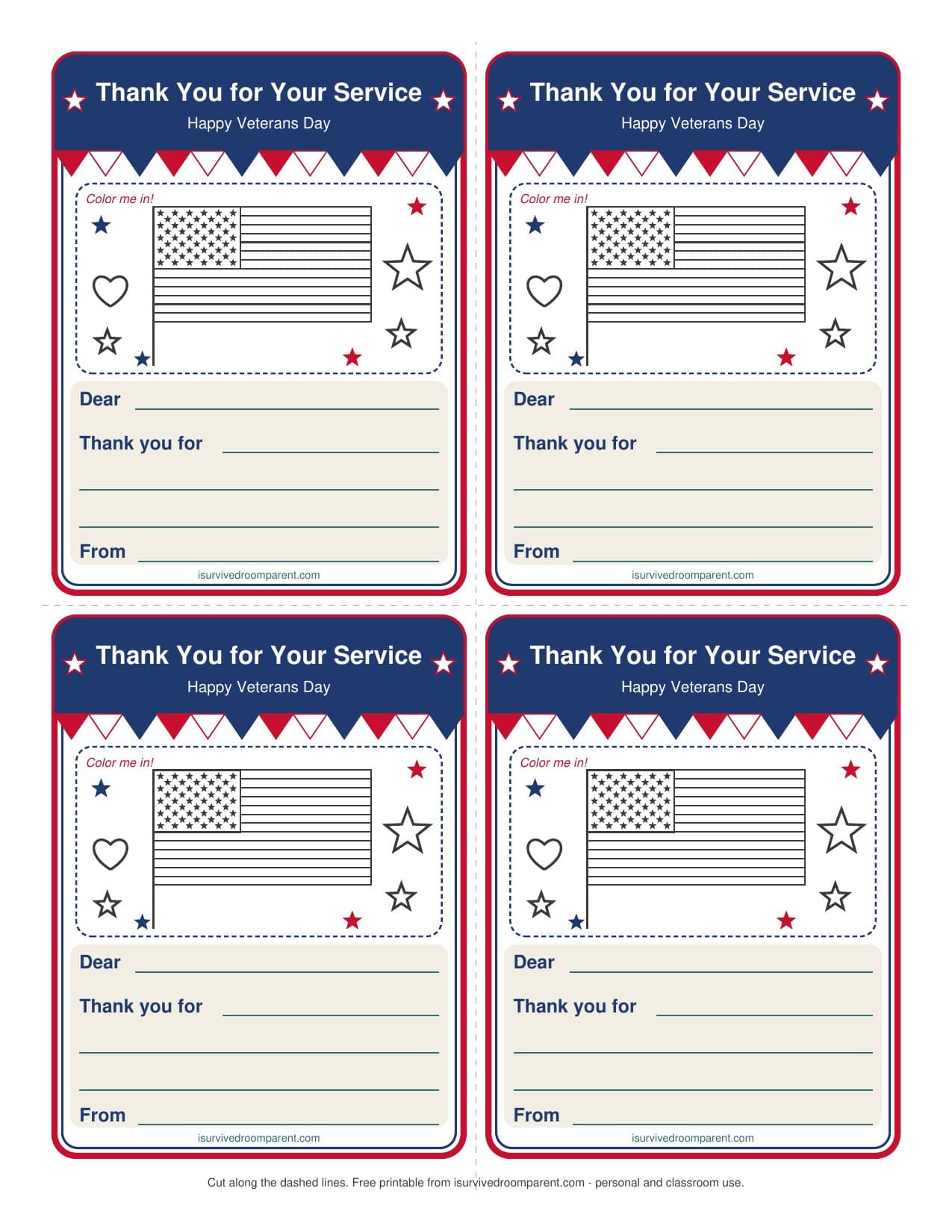 Four printable Veterans Day thank you cards with a flag and stars to color and fill-in lines for Dear, Thank you for and From.