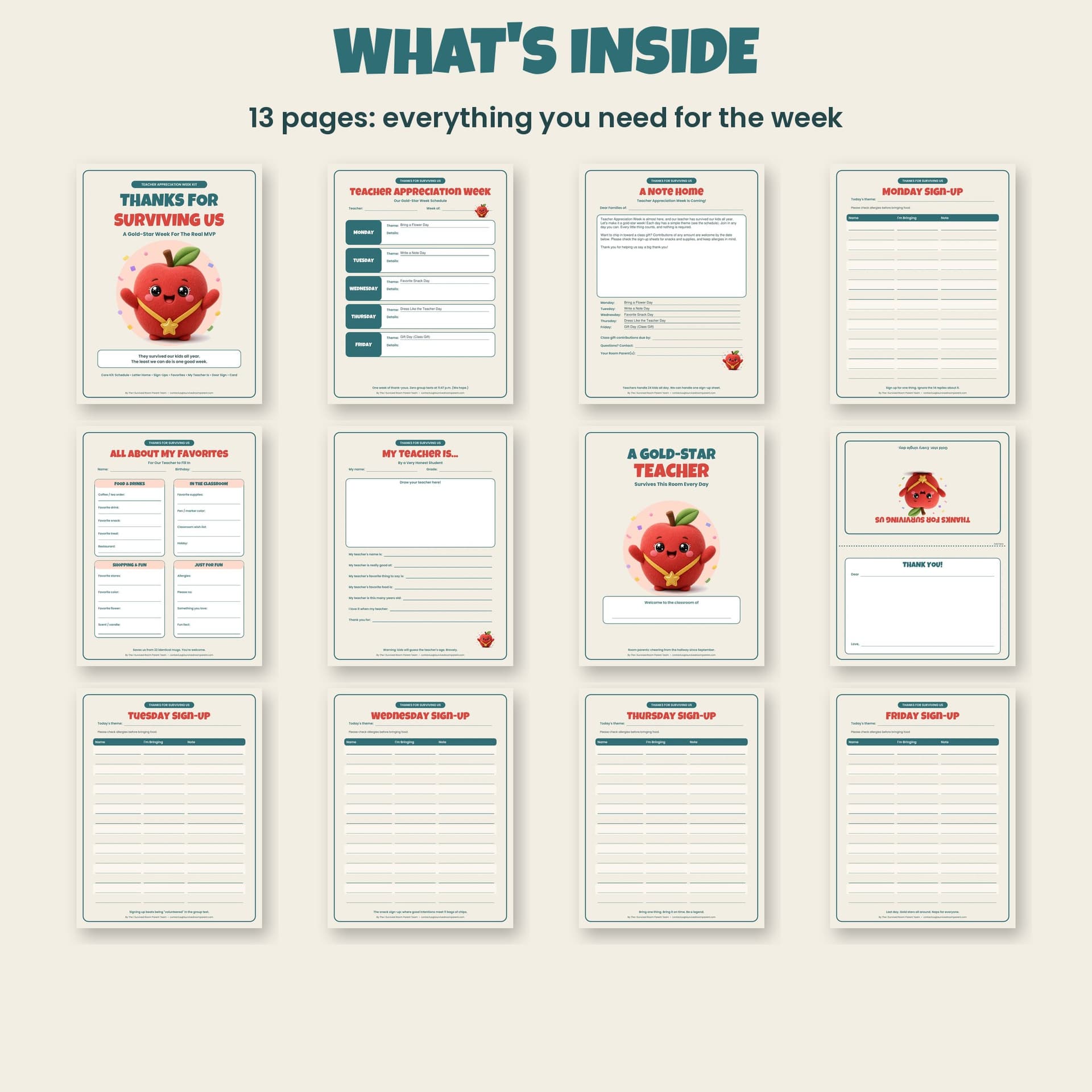 Every page in the Teacher Appreciation Week kit: schedule, letter home, sign-up sheets, favorites form, door sign and card