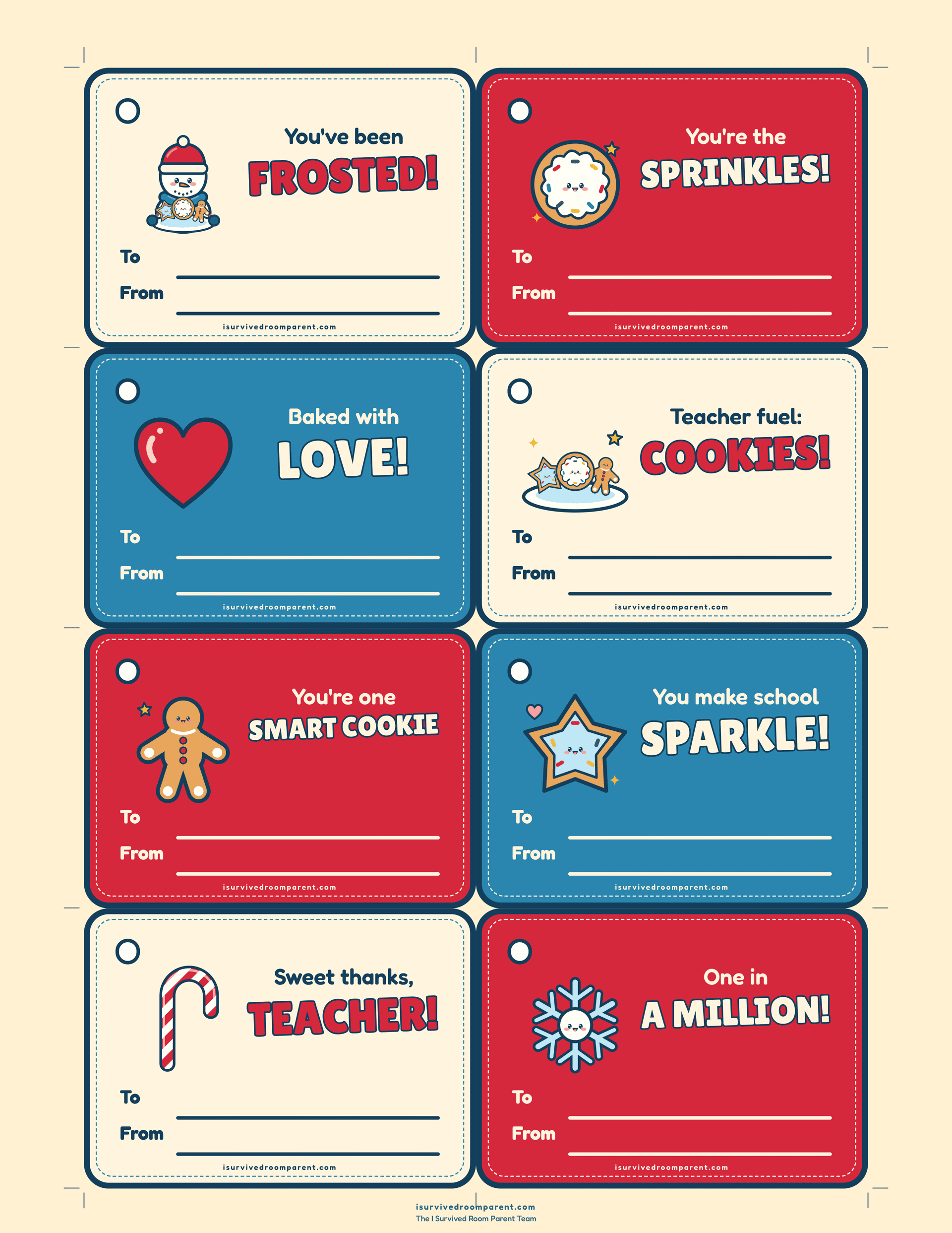 Christmas cookie gift tags with To and From lines reading You've been frosted, You're the sprinkles, Baked with love and Teacher fuel: cookies