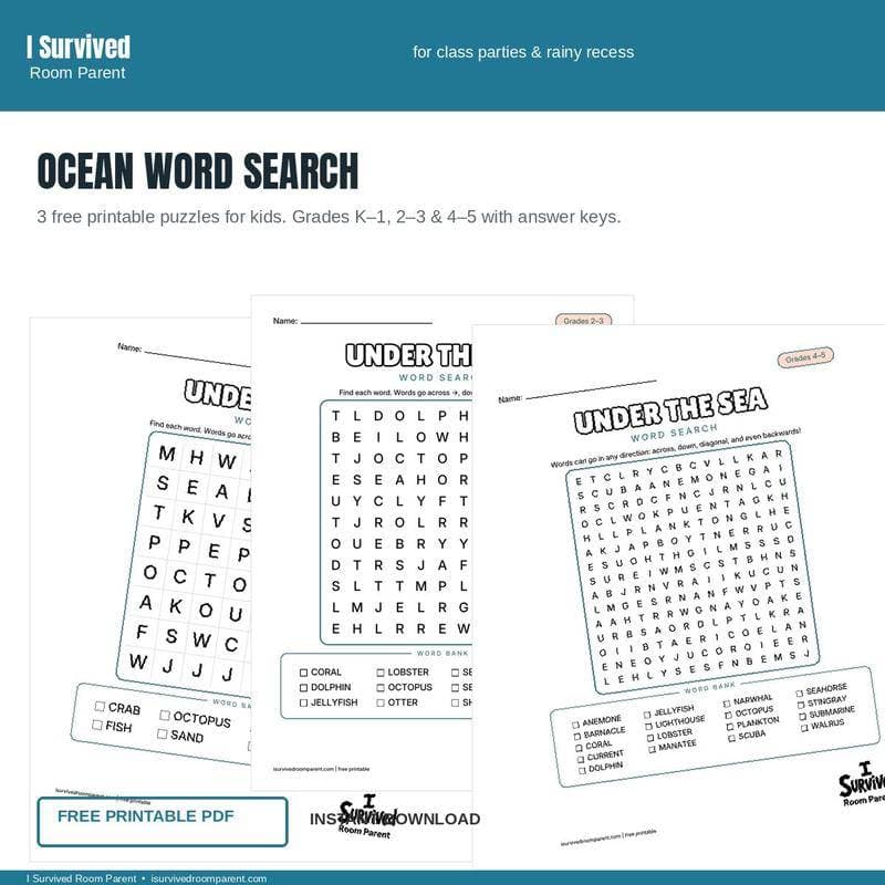 Free printable Ocean word search for kids, grades K-1 through 4-5