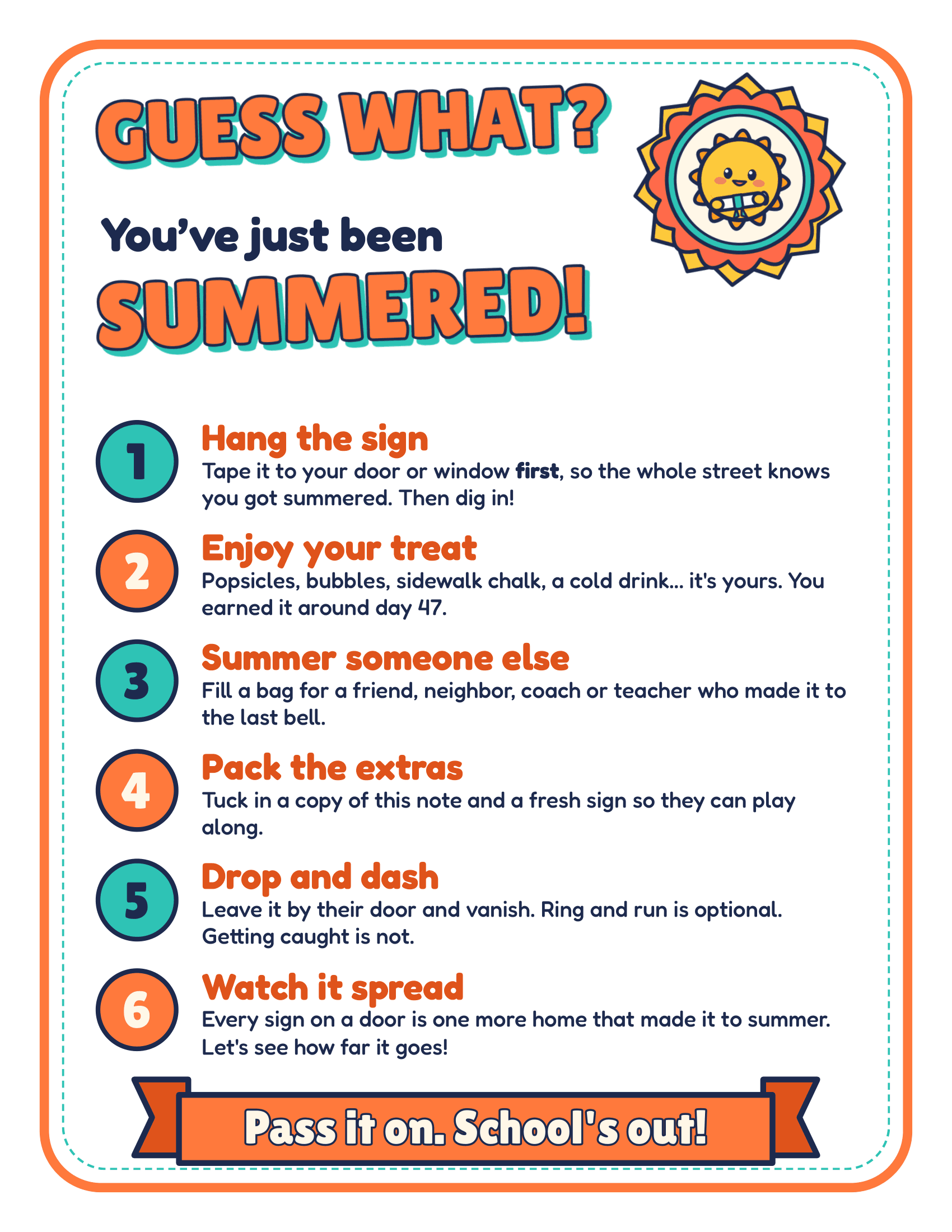 Guess What You've Been Summered how-to-play note with six steps for the end-of-year drop-off game