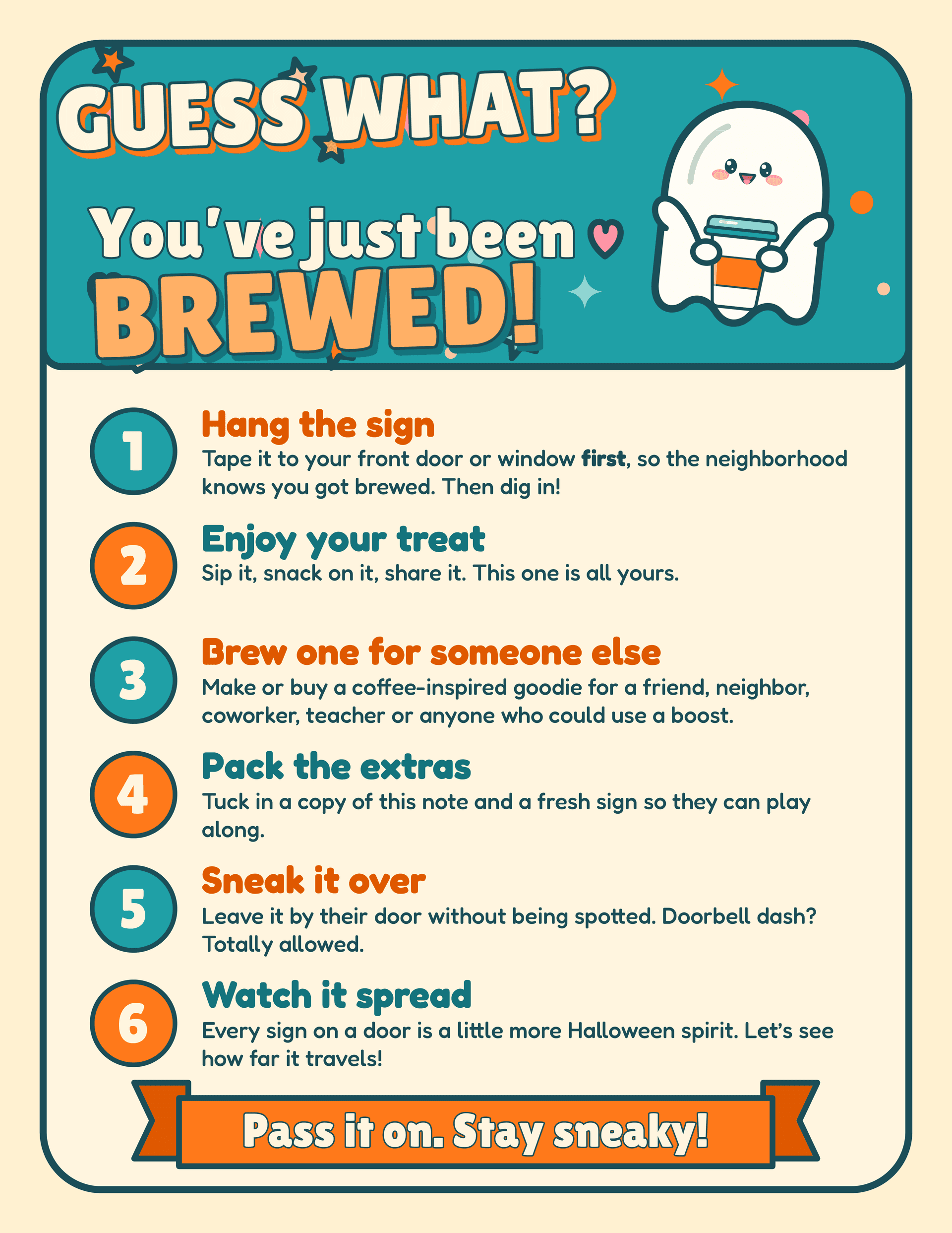 Guess what you've just been brewed how-to-play note with six steps from hang the sign to watch it spread, ending with the banner Pass it on. Stay sneaky