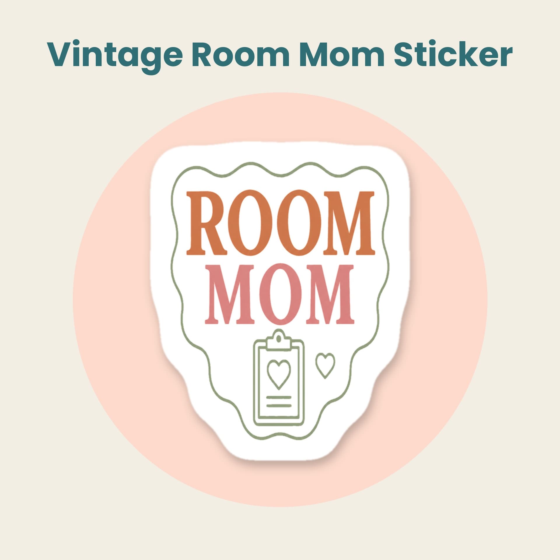 Vintage Room Mom die-cut sticker with serif letters, clipboard and hearts