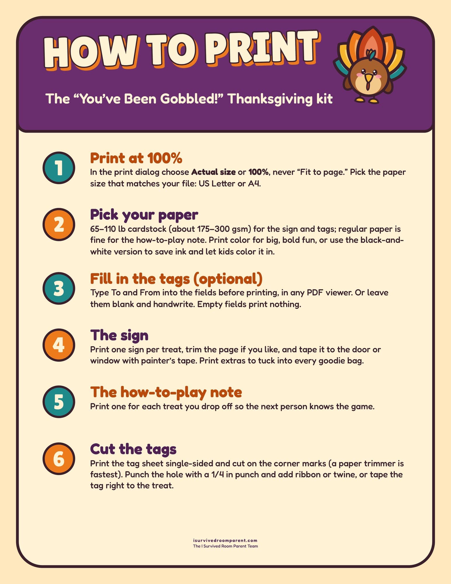 How to print guide for the You've Been Gobbled Thanksgiving kit with simple steps for printing at 100 percent, picking paper, filling in and cutting the tags