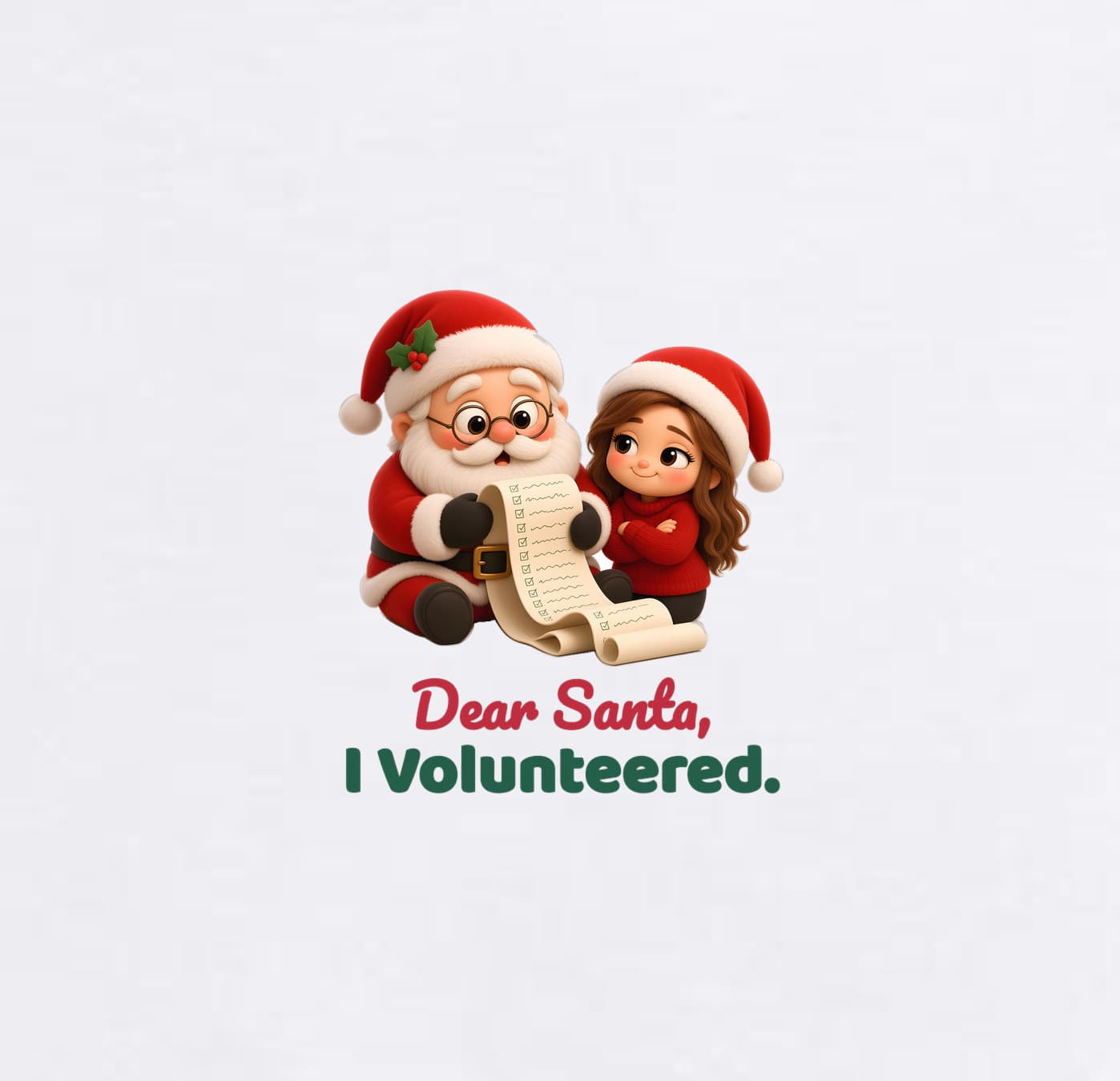 Close-up of the left-chest print: a plush Santa reading a long list beside a smug plush room mom, with "Dear Santa," in red script and "I Volunteered." in bold green