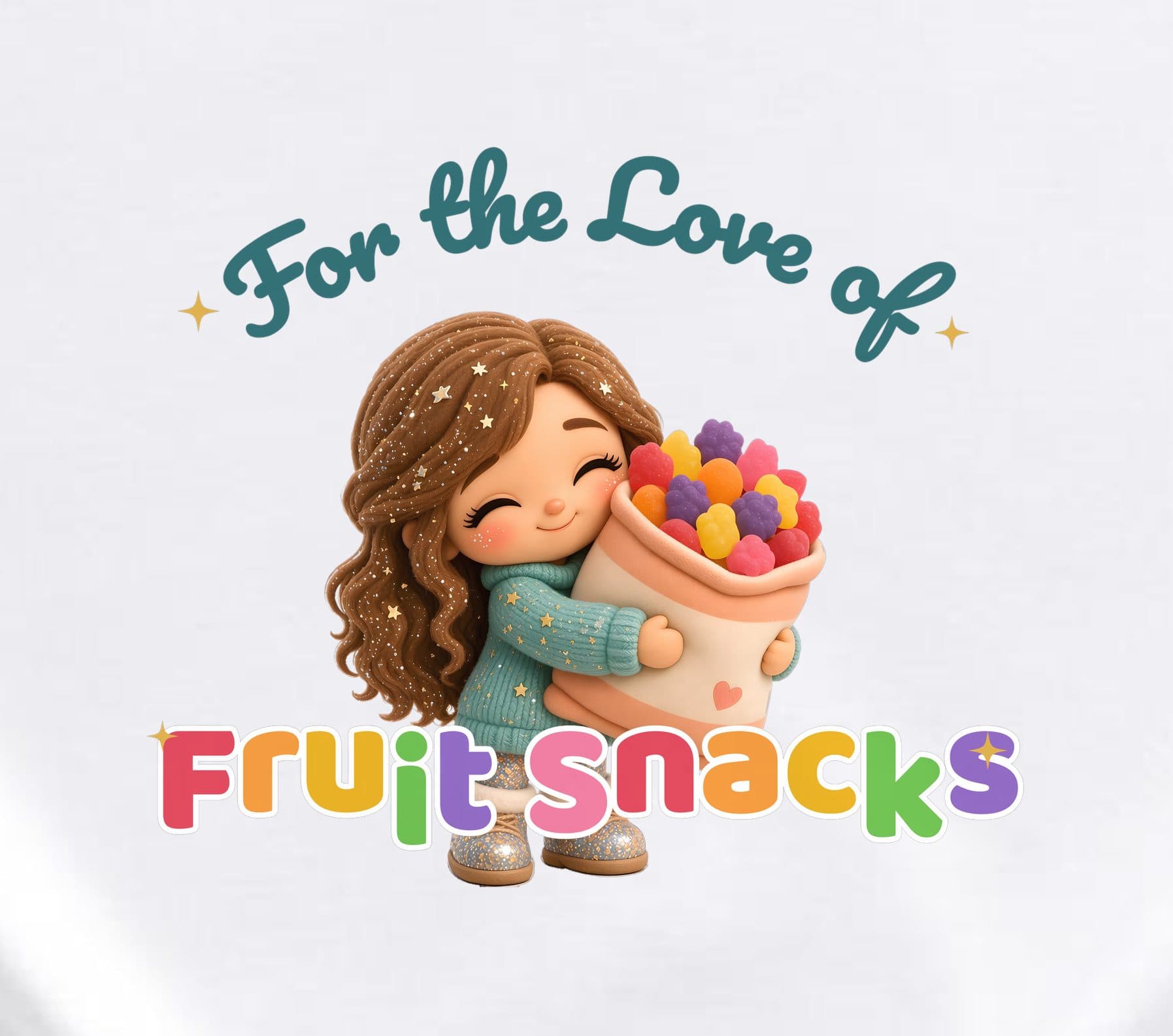 Close-up of the For the Love of Fruit Snacks print: a smiling plush room mom with long wavy brown hair and gold star sparkles hugging a pouch of red, purple, orange, yellow and pink fruit-shaped gummy fruit snacks above rainbow "Fruit Snacks" lettering