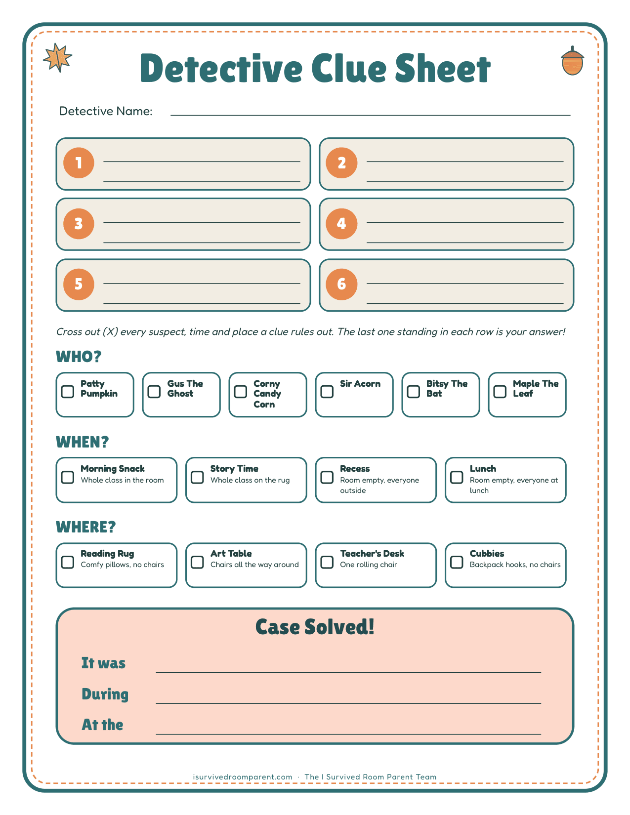 Fillable detective clue sheet with six clue lines and a cross-out grid for who, when and where