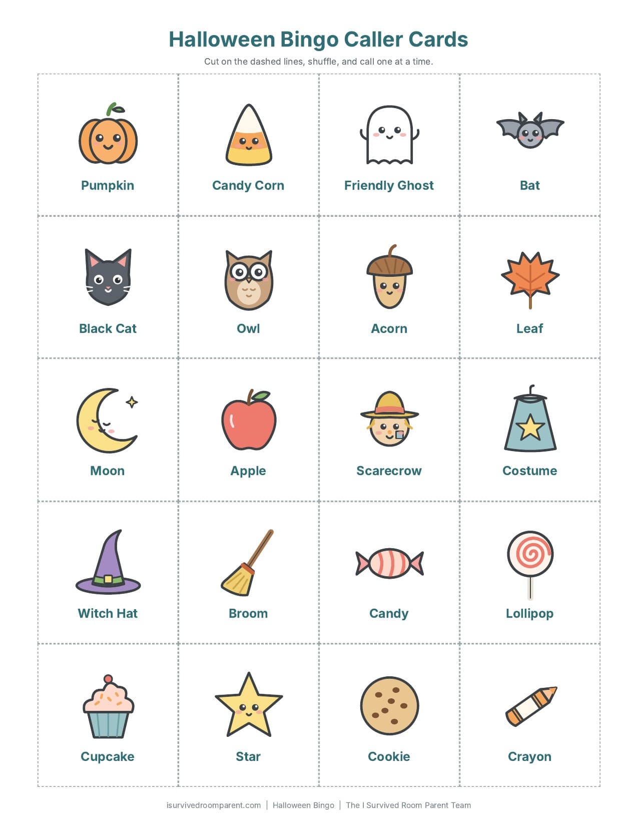 Halloween bingo caller cards to cut out, with cute pictures of a pumpkin, candy corn, friendly ghost, bat, black cat, owl, witch hat and cupcake
