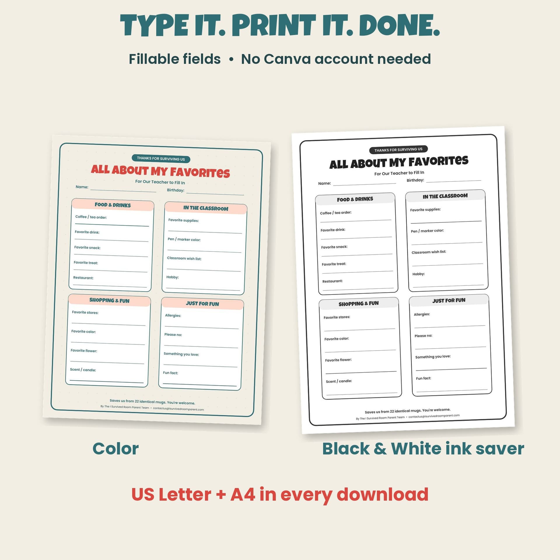 Teacher favorites form in full color and black-and-white ink saver versions, fillable with no Canva needed