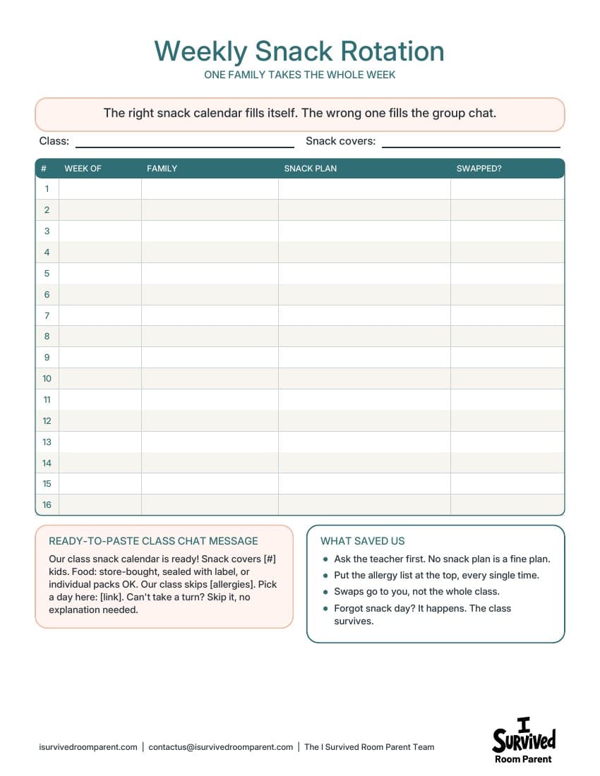 Weekly snack rotation sheet printable with rows for 16 weeks, families and snacks, plus a class chat message and tips