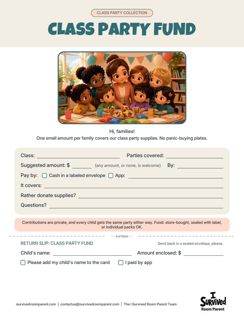Class party fund collection form printable with a supply-donation option and a return slip