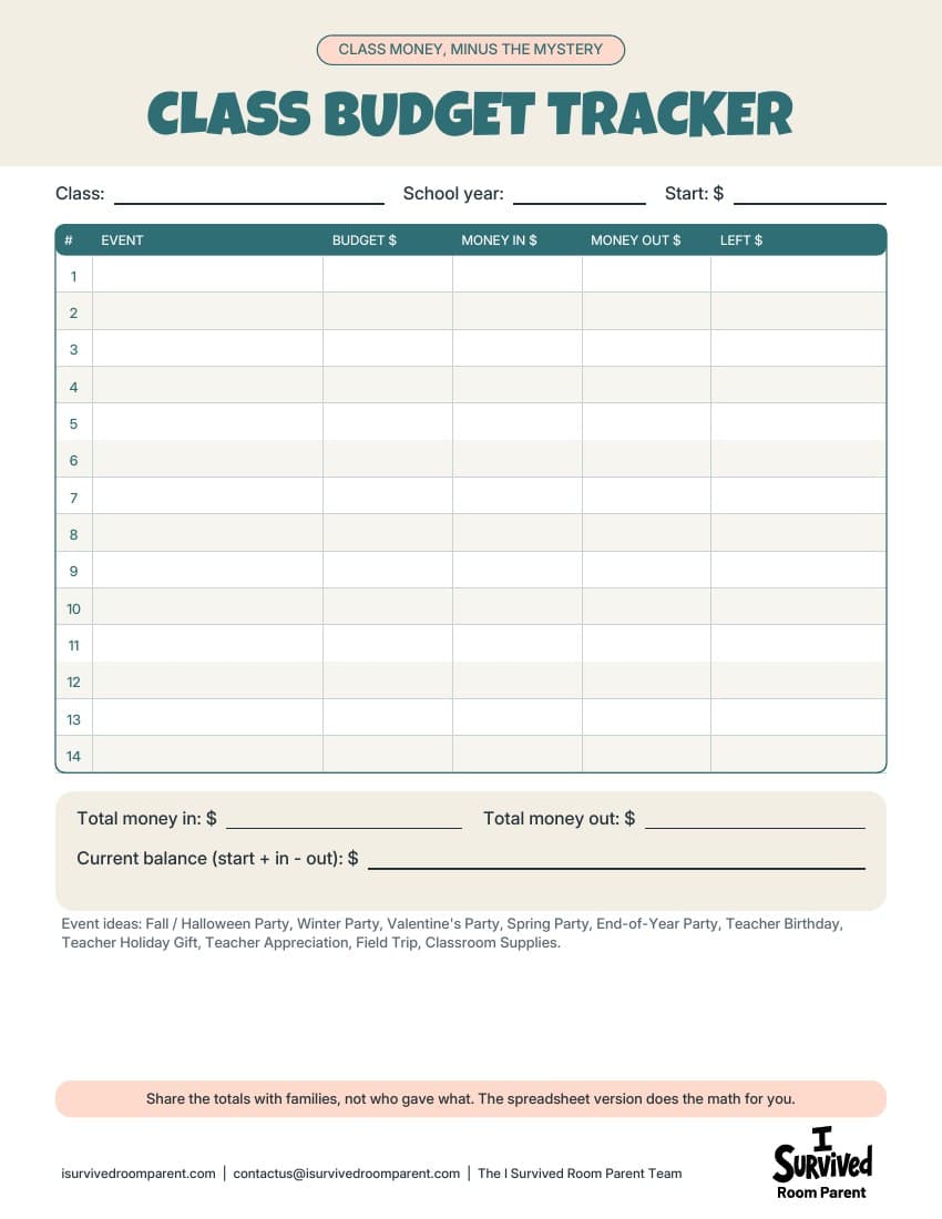 Free class budget tracker spreadsheet and printable log in teal and cream, showing event budgets, money in, money out and balance