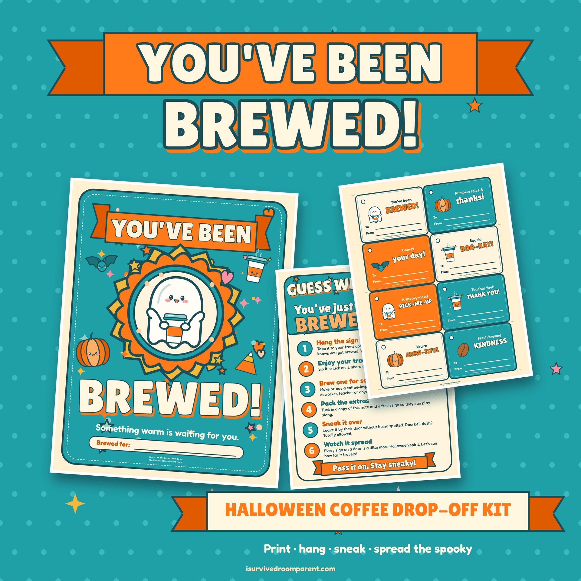 You've Been Brewed Halloween printable kit cover with a teal and orange door sign, a how-to-play note and a sheet of gift tags beside the title banner