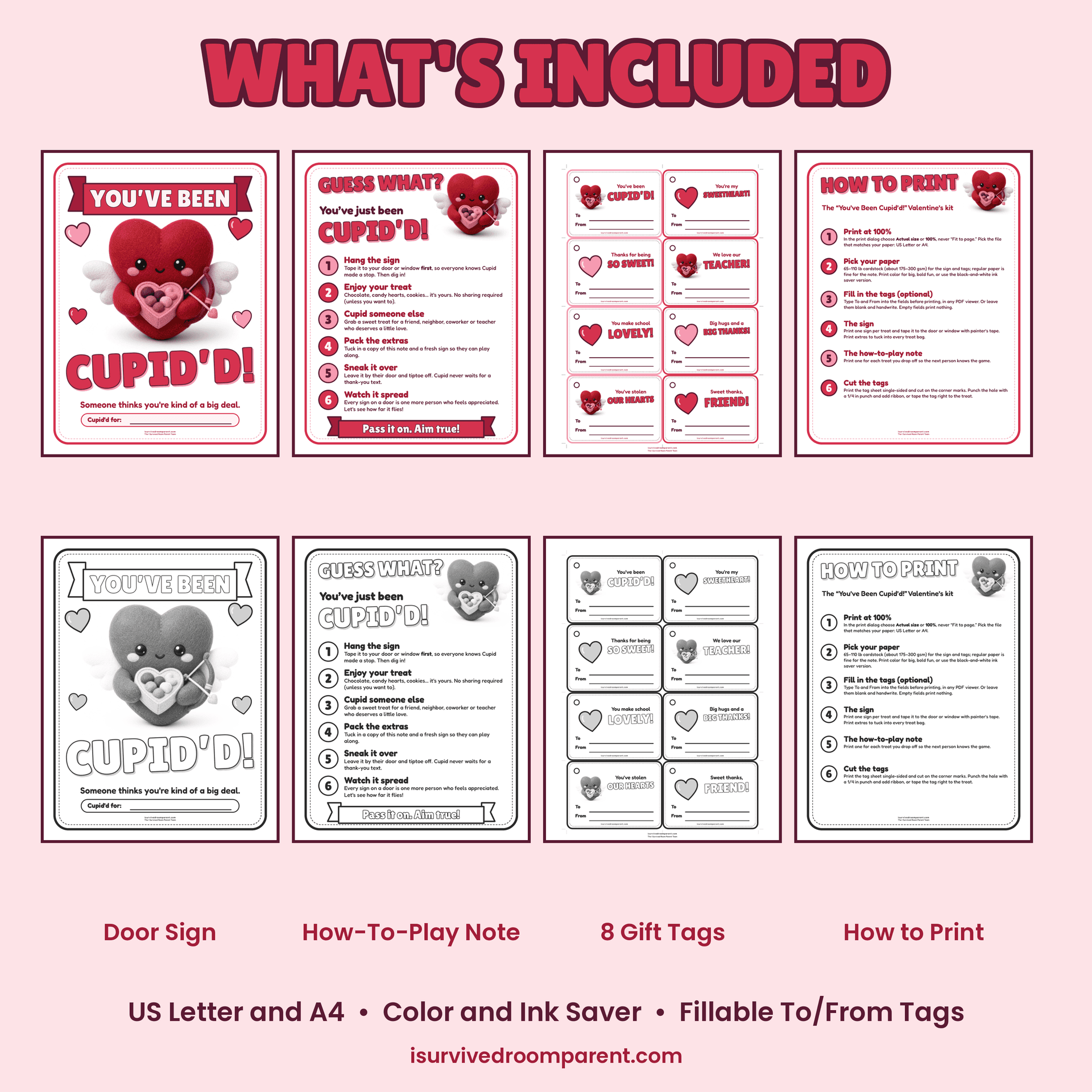 What's included in the You've Been Cupid'd Valentine's Day printable kit: door sign, how-to-play note and 8 gift tags, in full color and black-and-white ink saver