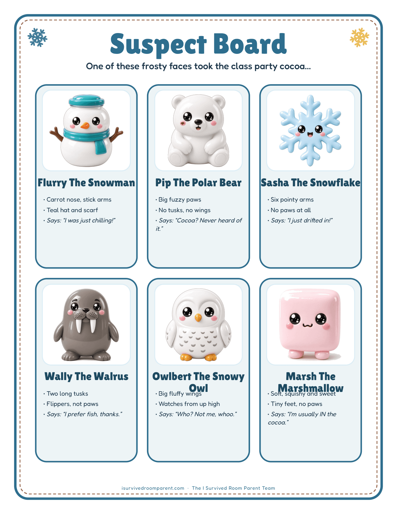 Winter mystery suspect board with snowman, polar bear, snowflake, walrus, snowy owl and marshmallow