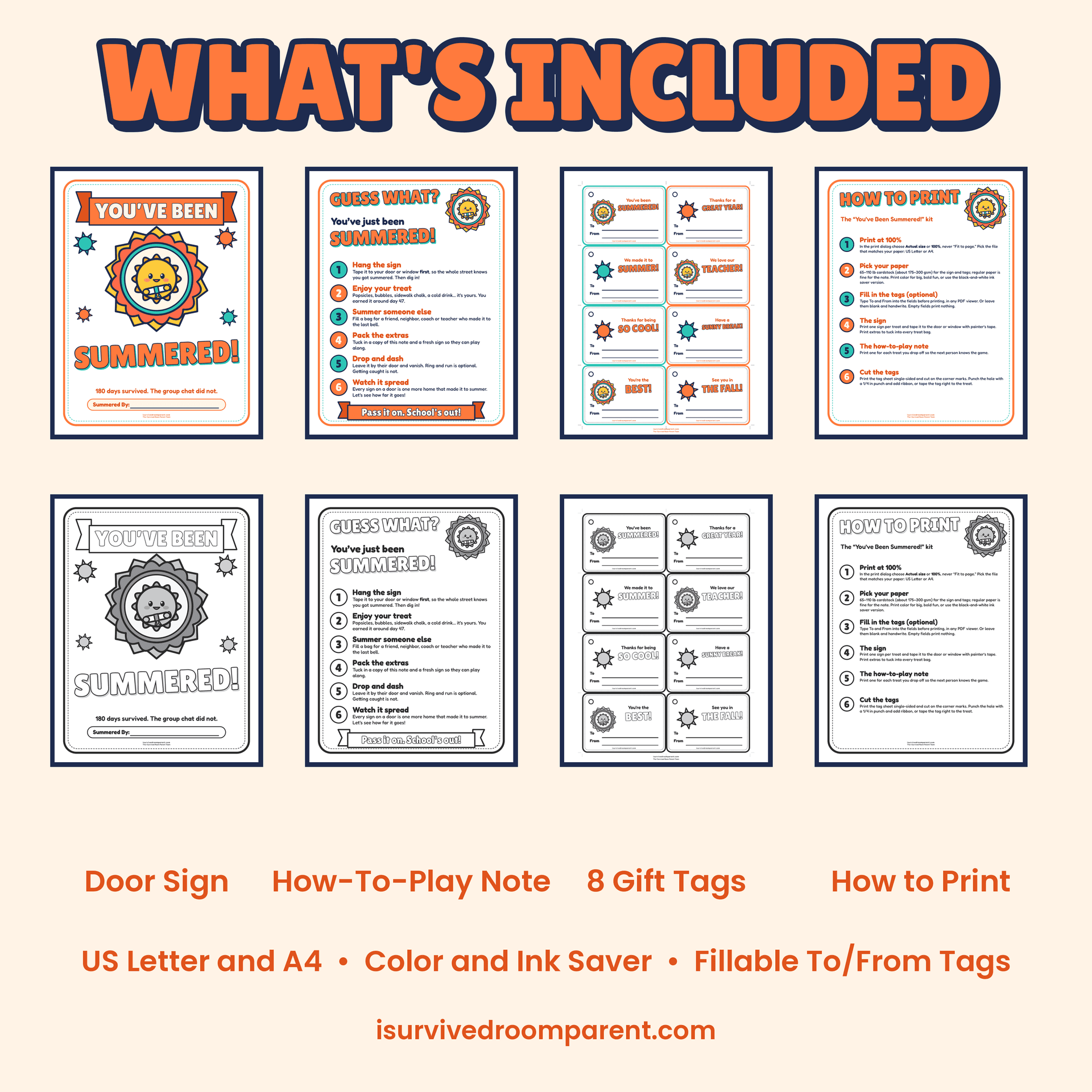 What's included in the You've Been Summered end-of-year printable kit: door sign, how-to-play note, 8 gift tags and how-to-print page, in full color and black-and-white ink saver