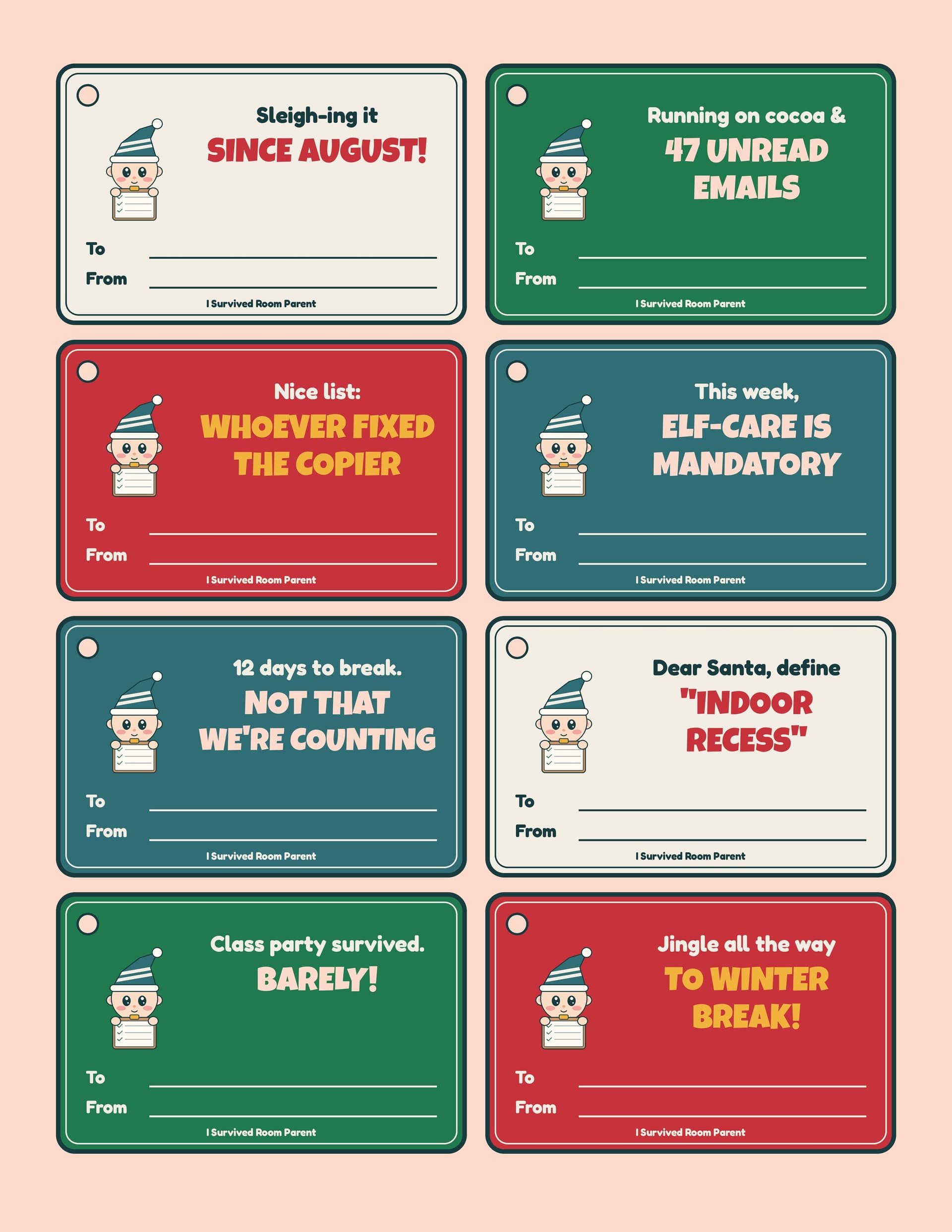 Sheet of eight Christmas treat tags with funny teacher zingers and To and From lines