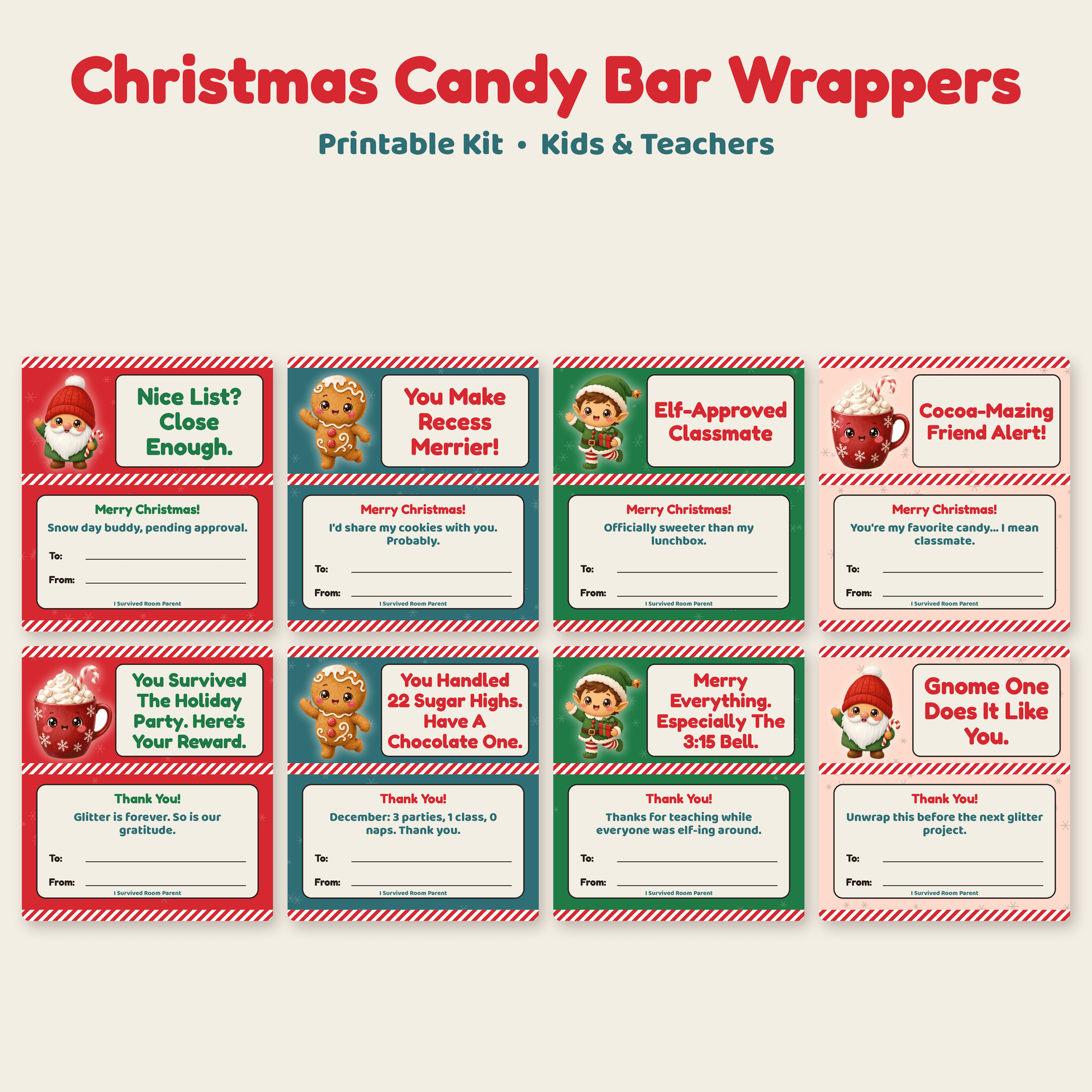 Christmas Candy Bar Wrappers printable kit cover showing all 8 kids and teacher wrapper designs with gnome, gingerbread, elf and cocoa art