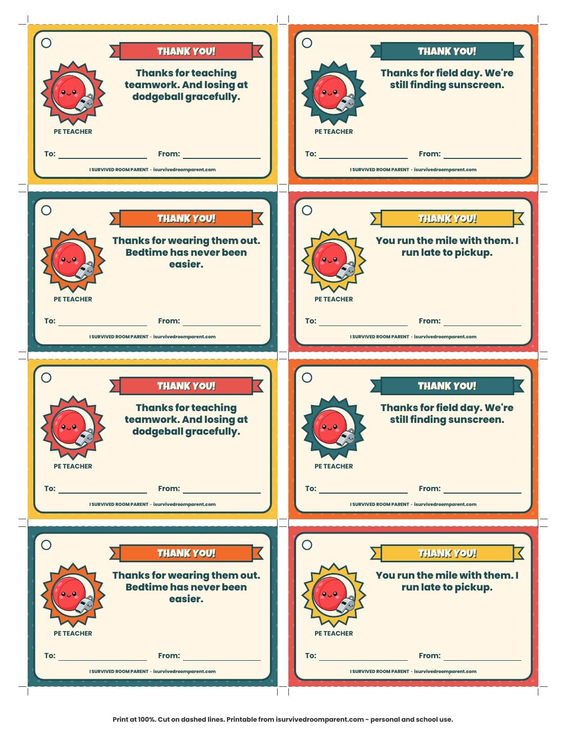 PE teacher thank you gift tags printable with field day and dodgeball jokes