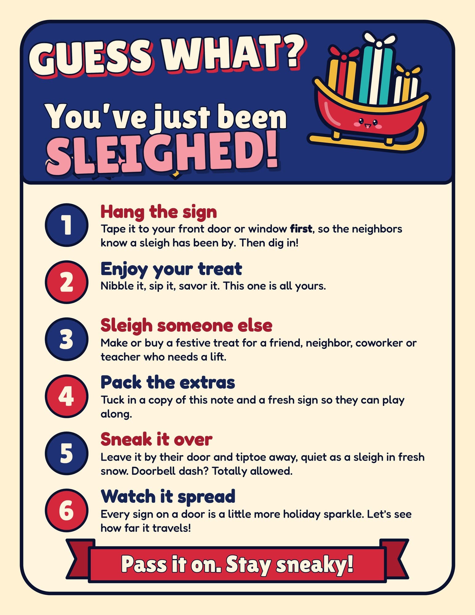 Guess what you've just been sleighed how-to-play note with six steps from hang the sign to watch it spread, ending with the banner Pass it on. Stay sneaky