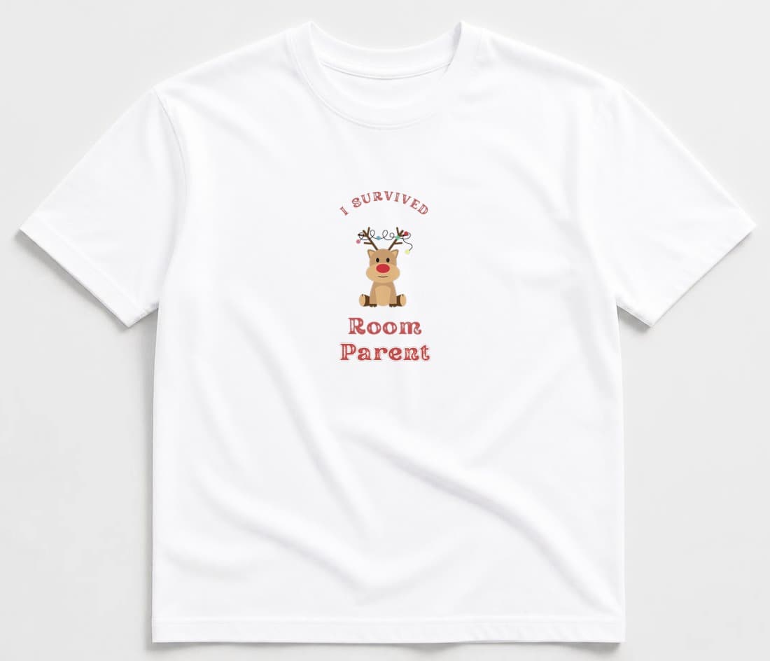 White t-shirt flat-lay with the I Survived Room Parent reindeer print: a brown sitting reindeer with a red nose and string lights, with red lettering