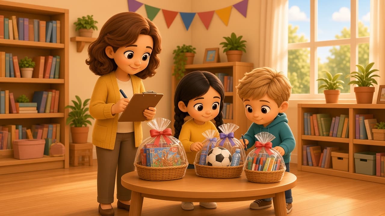 Bright chibi parent in a mustard cardigan writes on a clipboard beside three cellophane-wrapped auction baskets of games, a soccer ball and art markers as two kids look on in a library.