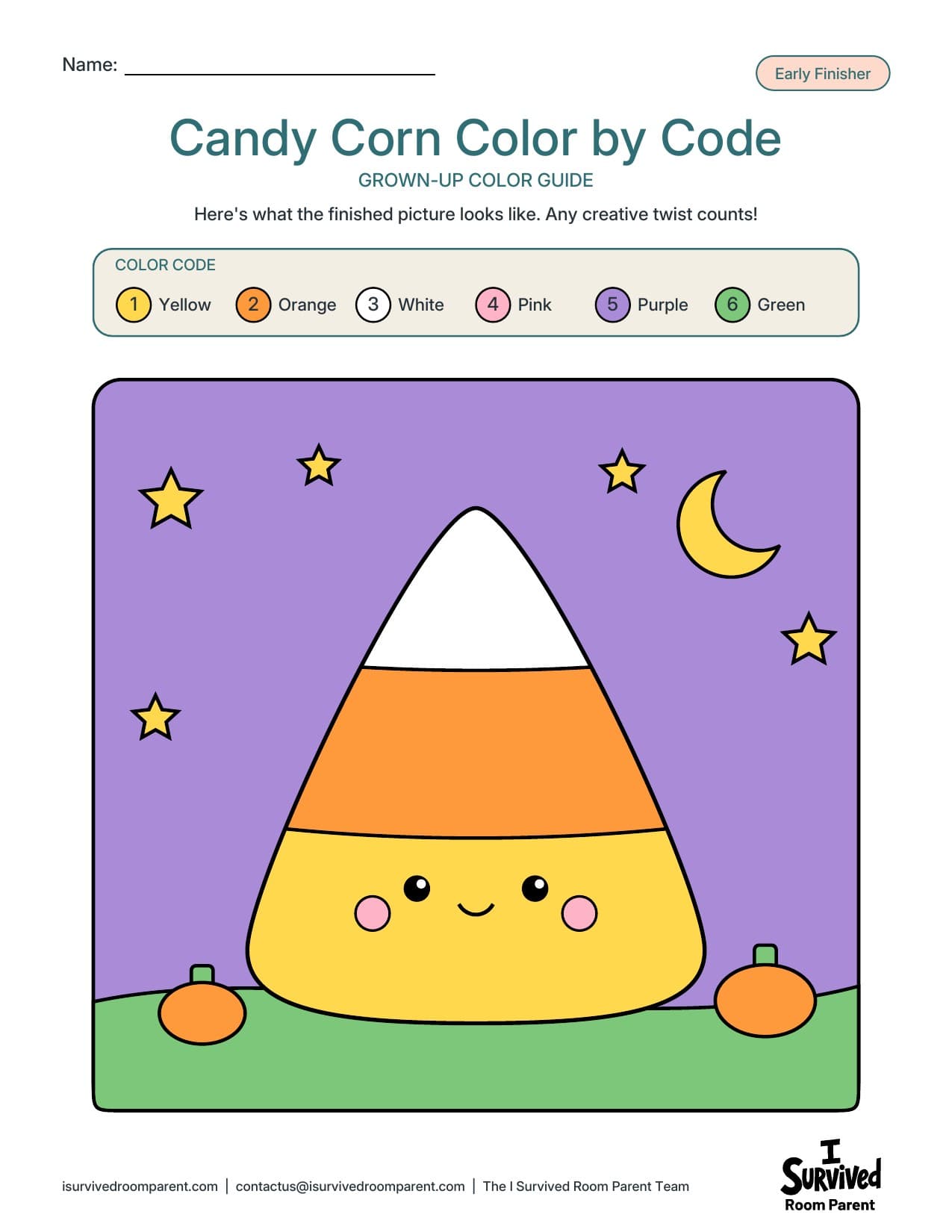 Finished color guide for the candy corn color by number with a purple night sky, yellow stars and green grass