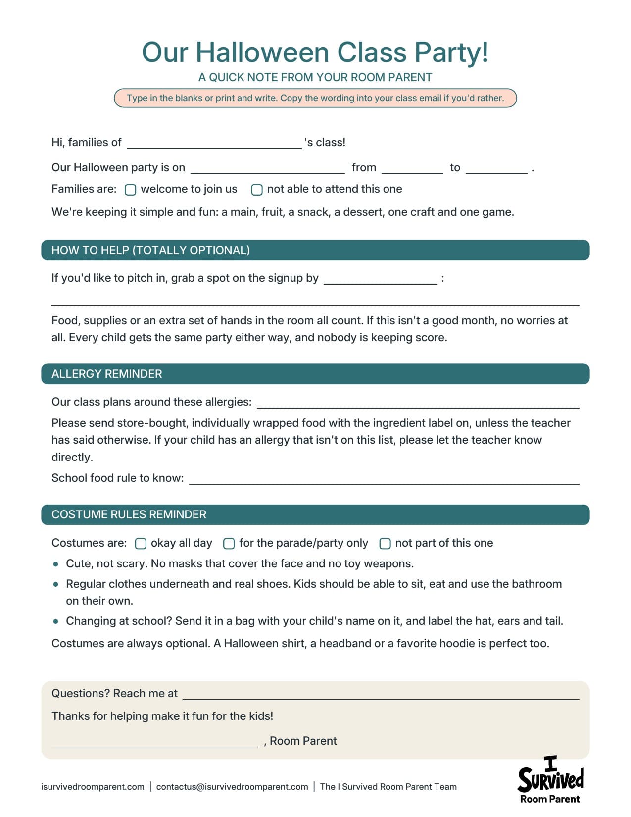 Fill-in-the-blank Halloween class party parent note with party details, an optional signup ask, an allergy reminder and costume rules