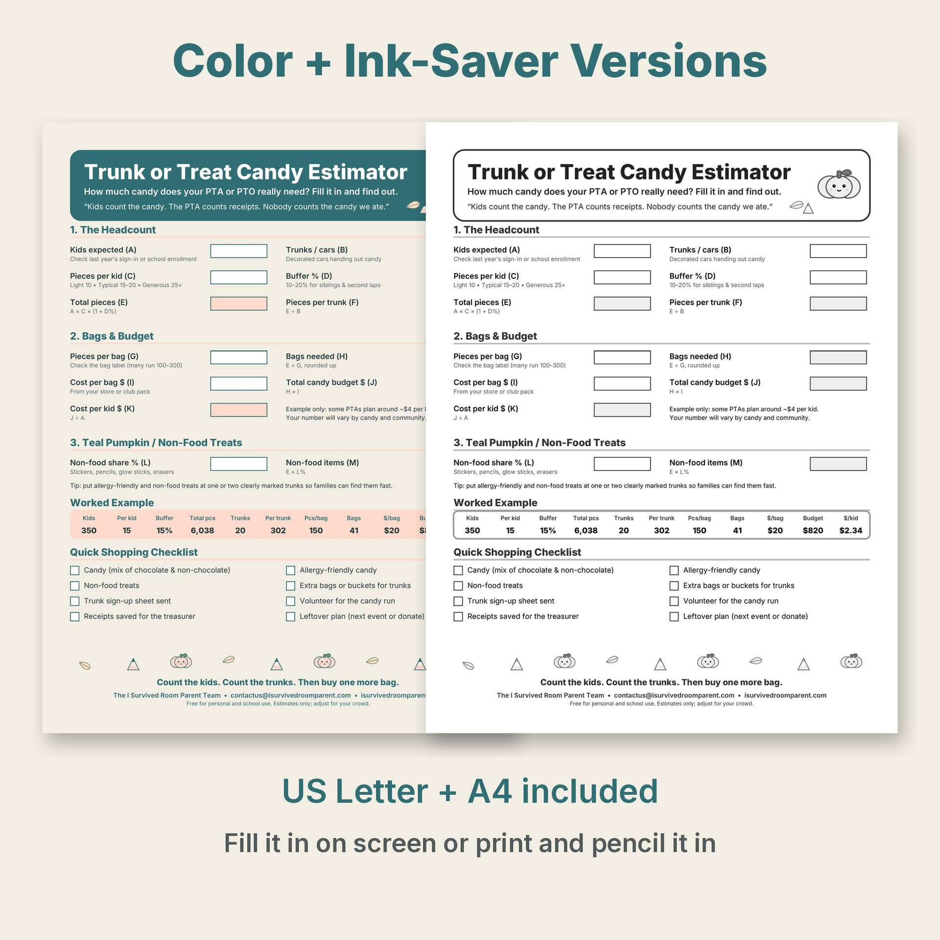 Color and black-and-white ink-saver versions of the trunk or treat candy calculator printable for PTAs and PTOs.