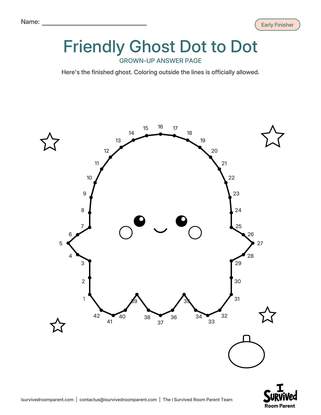 Answer page for the Halloween dot to dot showing the finished friendly ghost outline