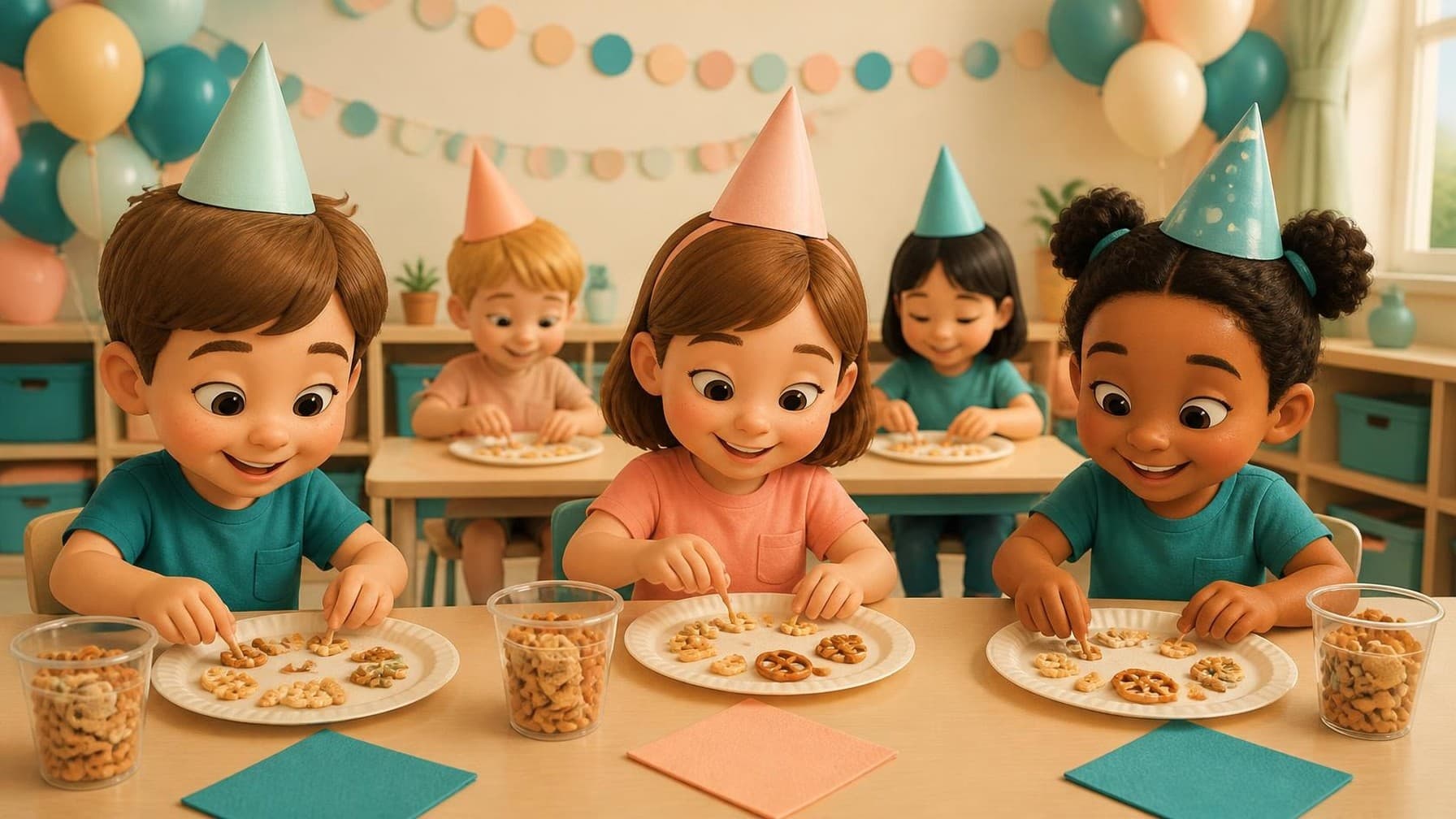 Cartoon kids in party hats at classroom tables counting a snack mix onto paper plates under balloons and dot garlands