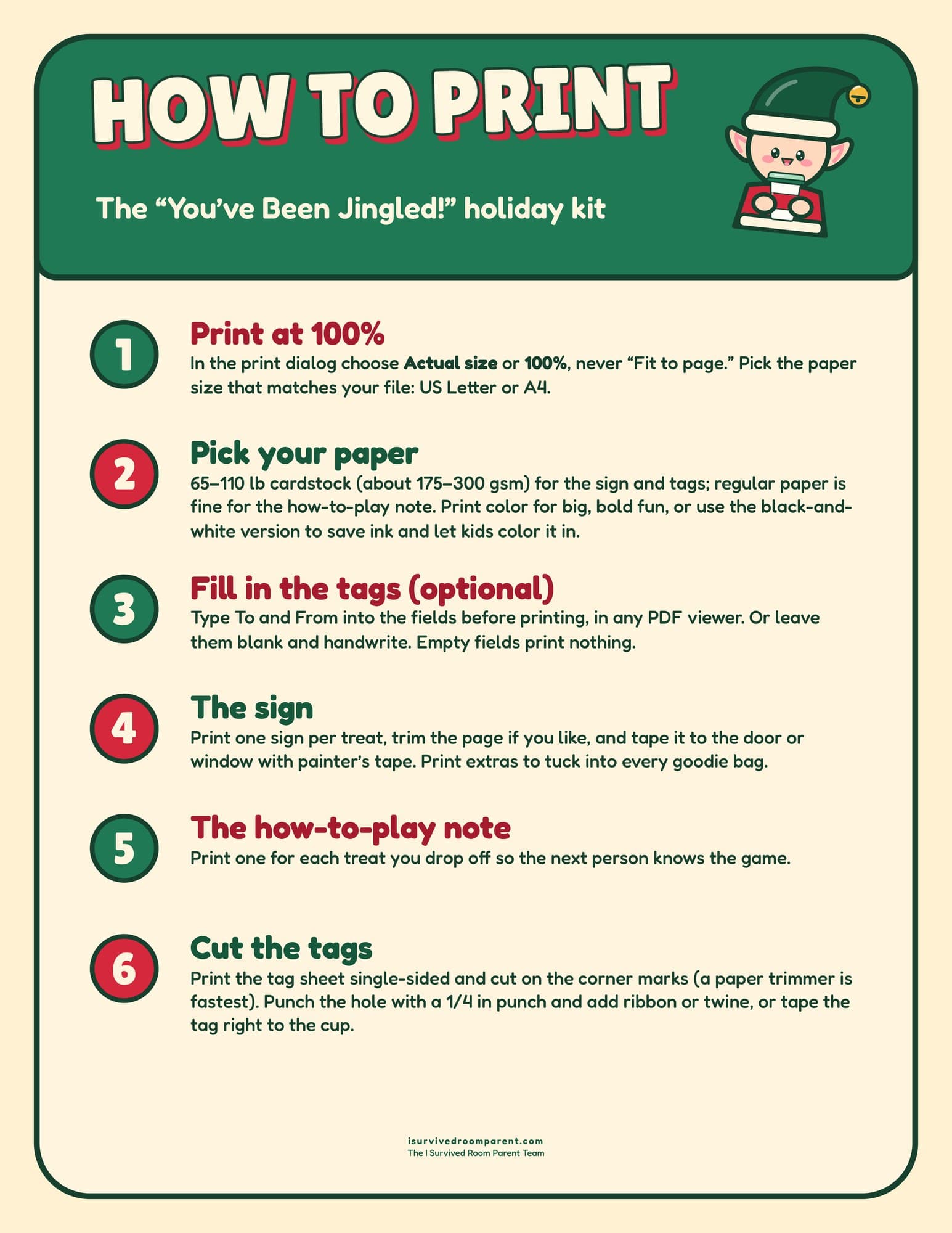 How to print guide for the You've Been Jingled Christmas kit with six steps: print at 100 percent, pick your paper, fill in the tags, the sign, the note and cut the tags