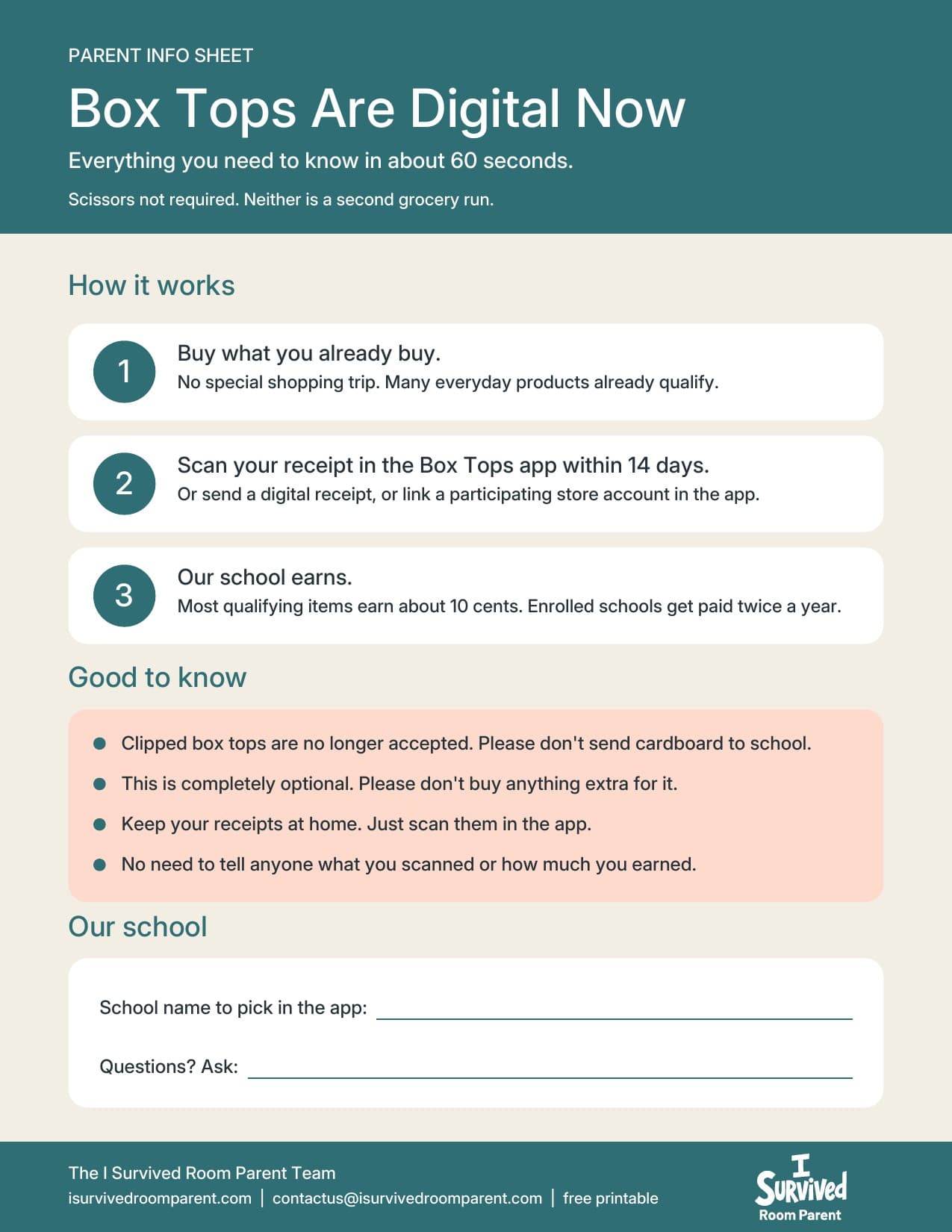 Box Tops parent info sheet with three steps, good-to-know reminders and lines for your school name and contact