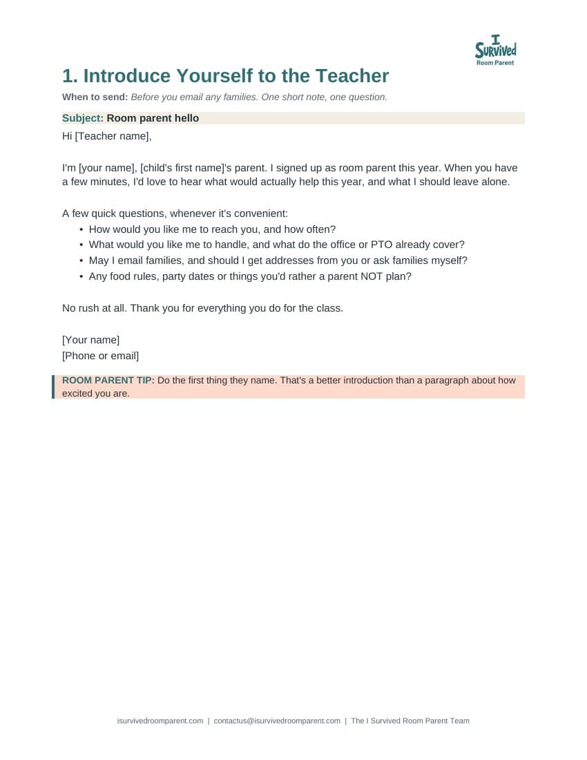 Sample welcome letter to parents from the room parent email templates, with when to send it, a subject line and a room parent tip