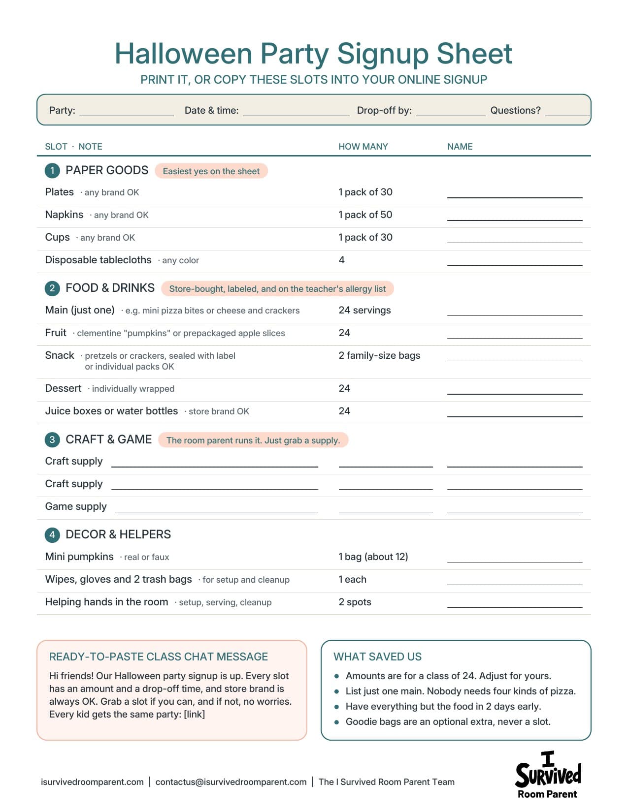 Halloween party signup sheet with slots for paper goods, a main, fruit, snack, dessert, drinks, craft supplies and helpers, plus a class chat message