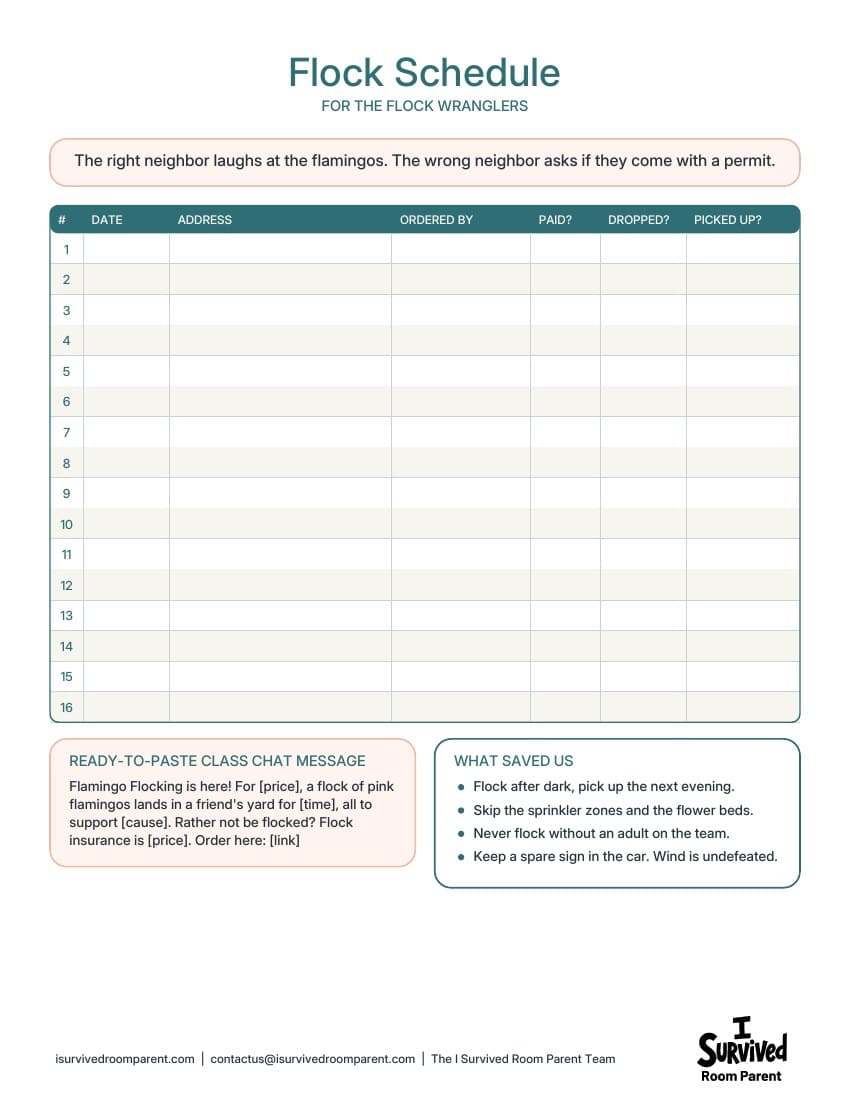 Flamingo flocking schedule printable with 16 rows for addresses and dates, a class chat message and tips
