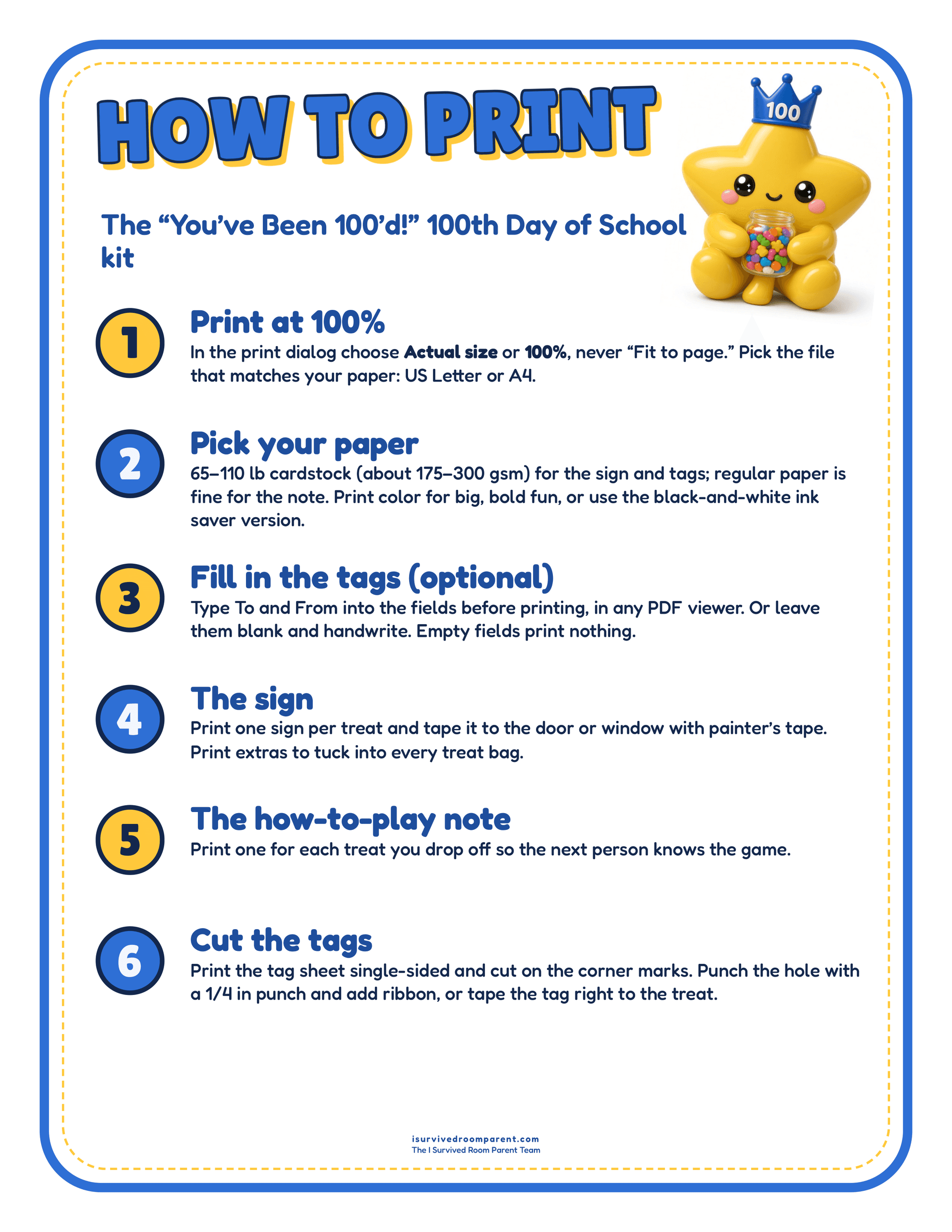 How to print guide for the You've Been 100'd 100th Day of School kit with six printing and cutting steps